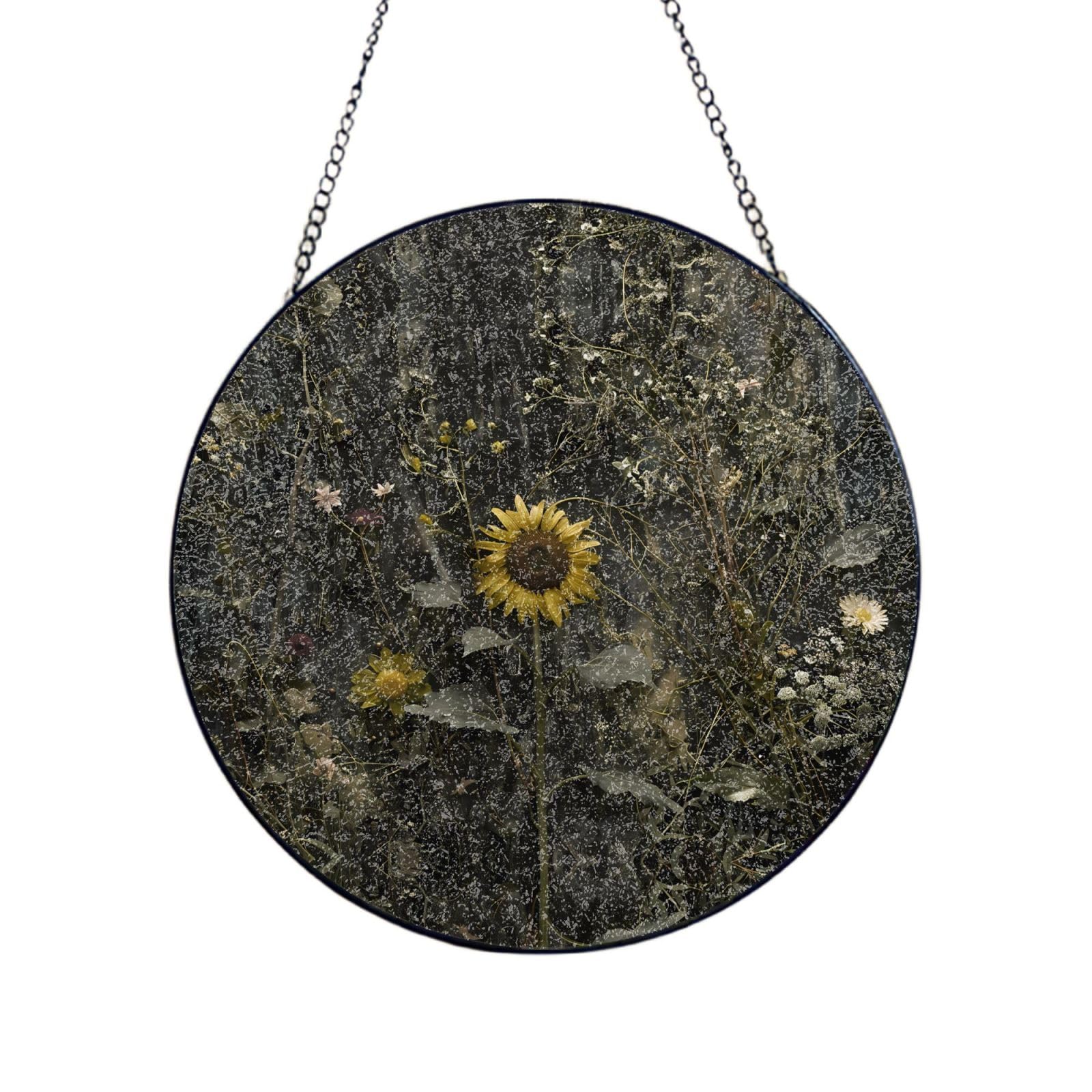 Phayah Sunflowers On Mountainside Print Glass Window Hanging Round Suncatcher Glass Ornament Garden Wall Fence Decorations Indoor Outdoor 12in（30cm）