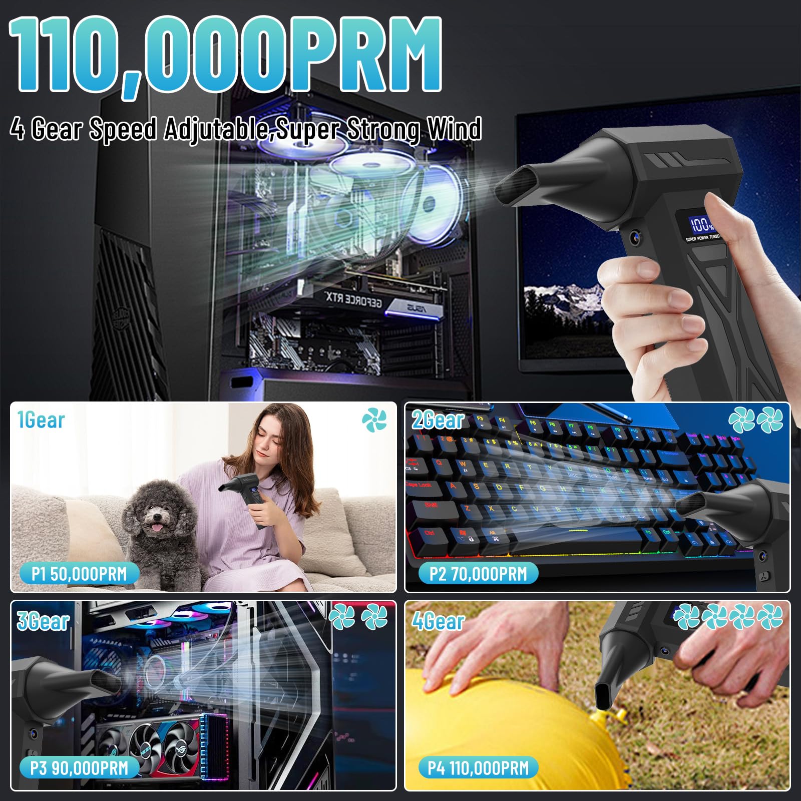 Elektrisches Staubgebläse Druckluftspray,Mini 4-Gang Electric Air Duster 110000 U/min,Typ-C Wiederaufladbare Staubsauger Luftgebläse,Power Turbo Gebläse für Computer,Tastatur,Haus,Outdoor und Auto