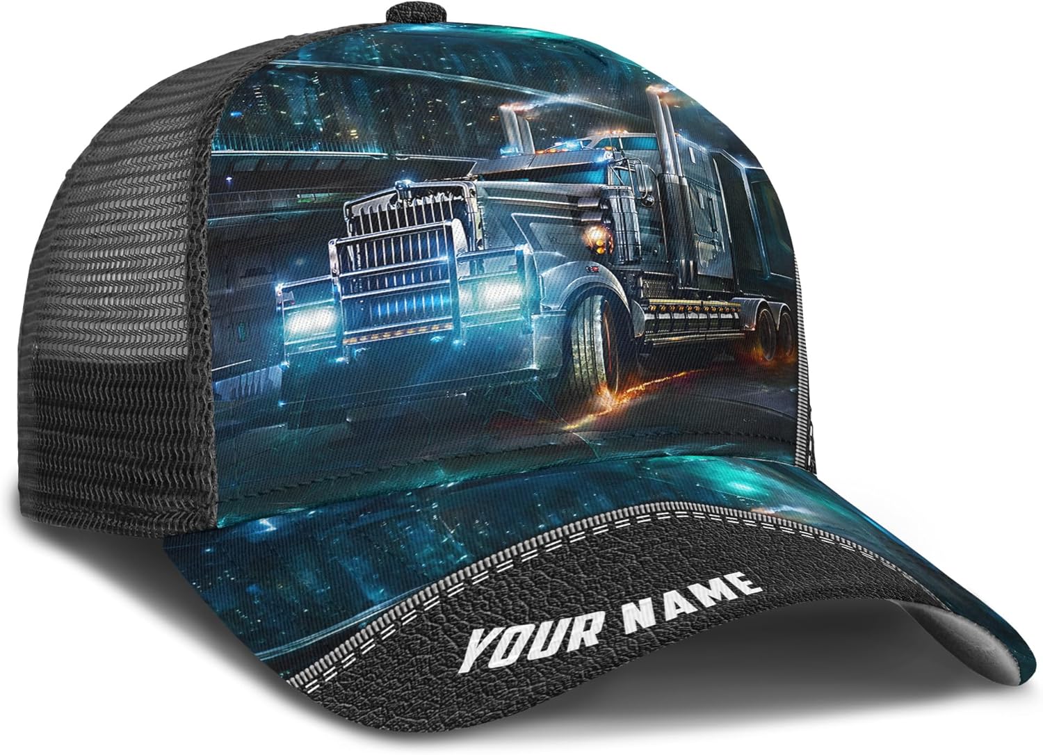 Fashion Trucker Mesh Trucker Hats Personalized Semi Truck and Leather Pattern Netback Cap for Truck Driver