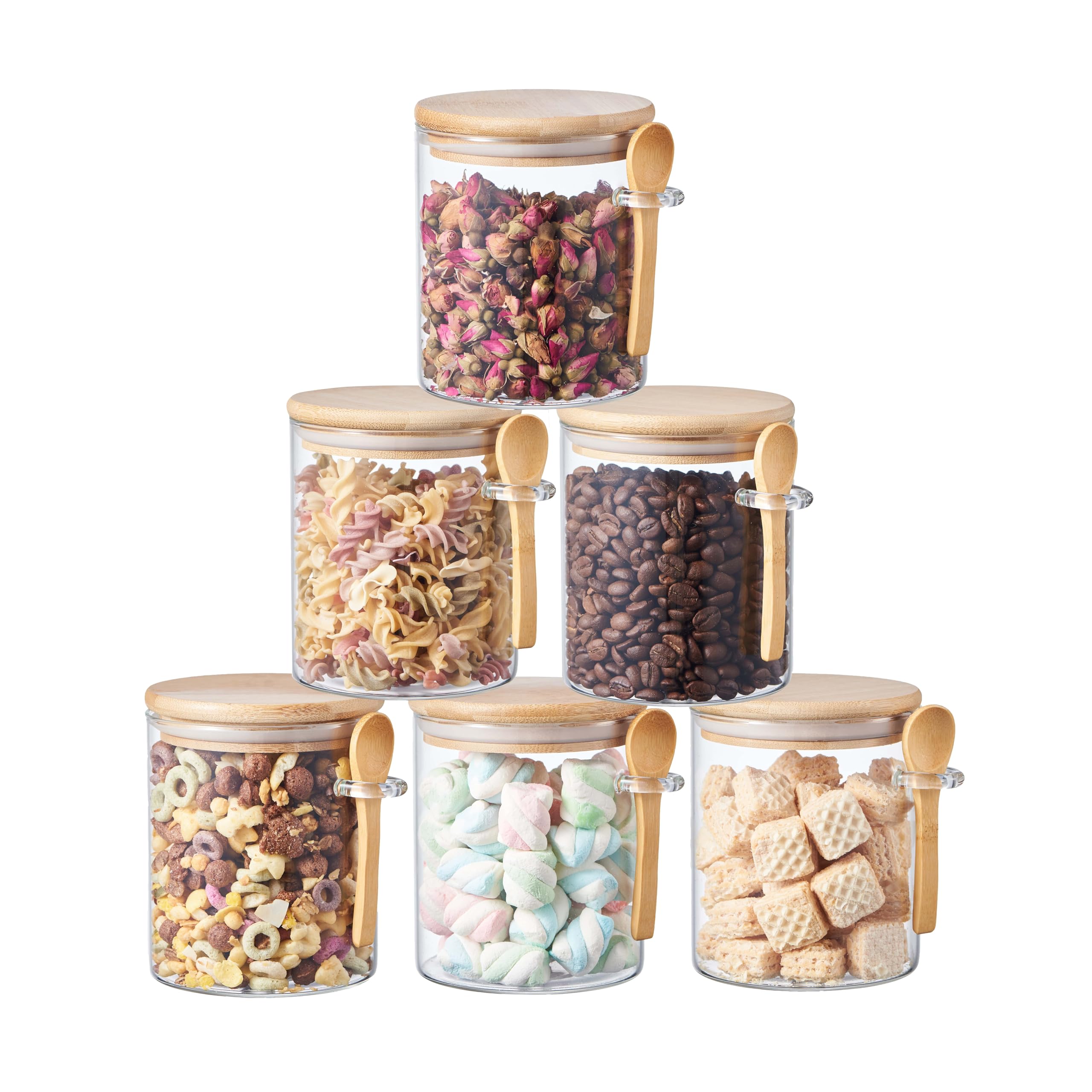 Ornami Clear Airtight Glass Pantry Storage Canister Jar With Bamboo Lid & Spoon | Bpa-Free, Kitchen Organisation Jar- Set Of 6 (0.8L, Round)