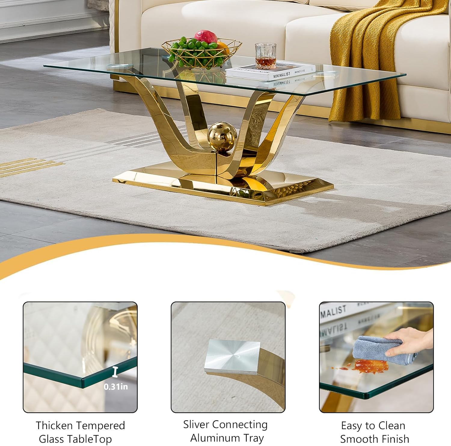 47in Glass Coffee Table for Living Room Office, Rectangular Clear Top with High Gloss Stainless Steel Base, Glass and Gold Coffee Side Cocktail Center Table for Apartment
