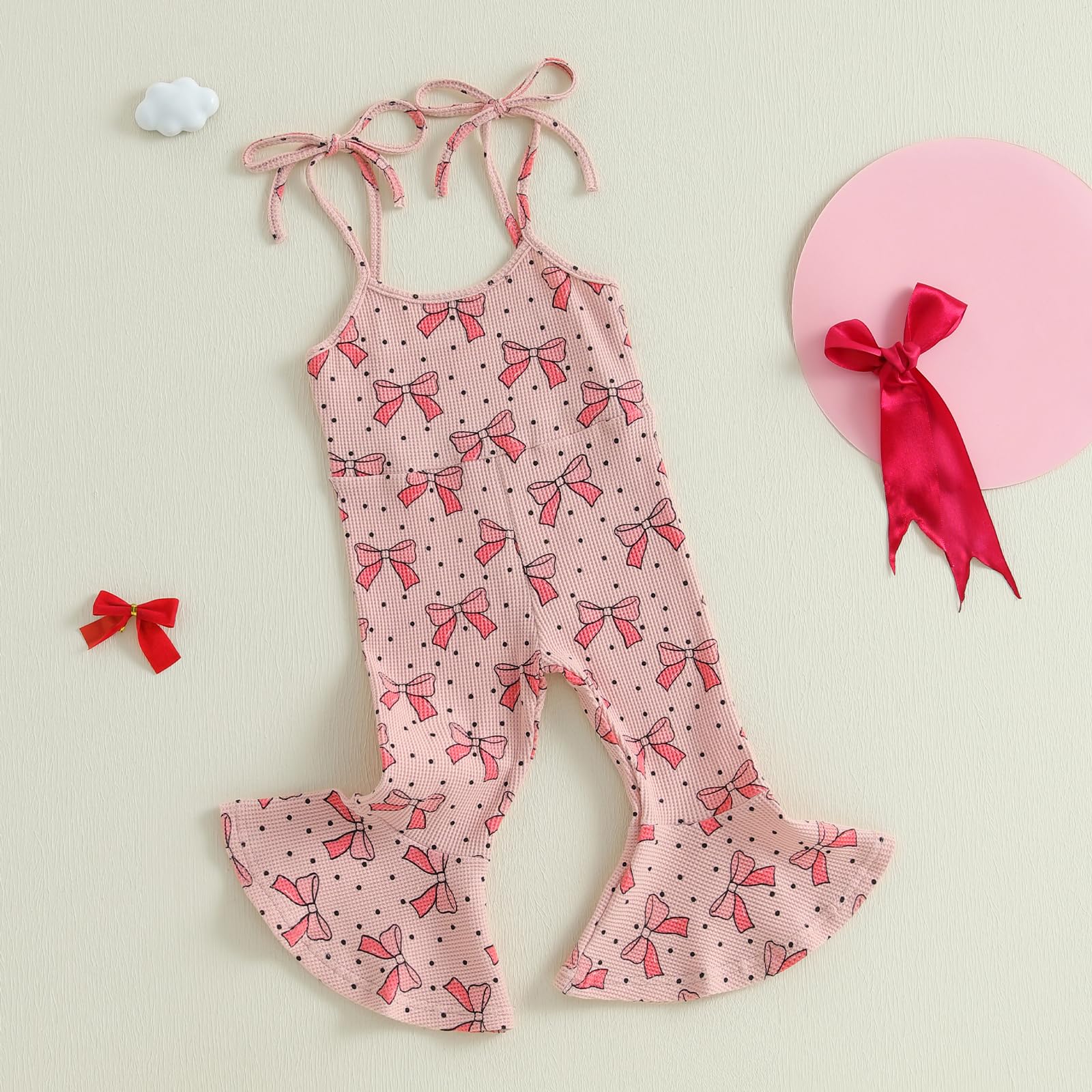 CHAUKAREAUL Toddler Girls Summer Overalls Bell Bottom Jumpsuit Bow Printed Sleeveless Tie-up Flare Pants Romper 6M-4T (Watermelon Red, 4-5T)
