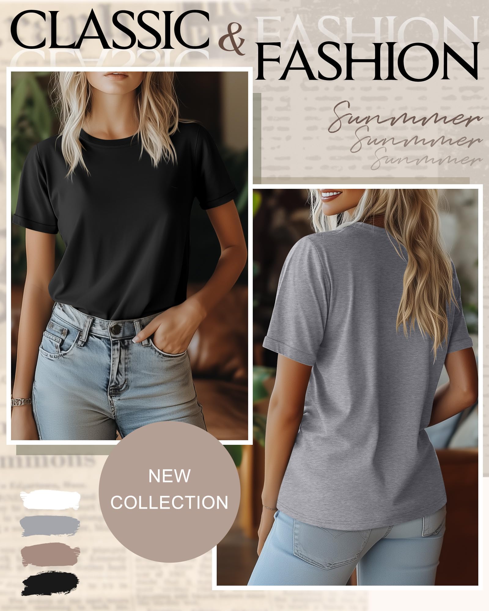 Ficerd Lot de 4 T-Shirts en Coton pour Femme Manches Courtes Col Rond Coupe Ample Style Basique Idéal pour l'Été