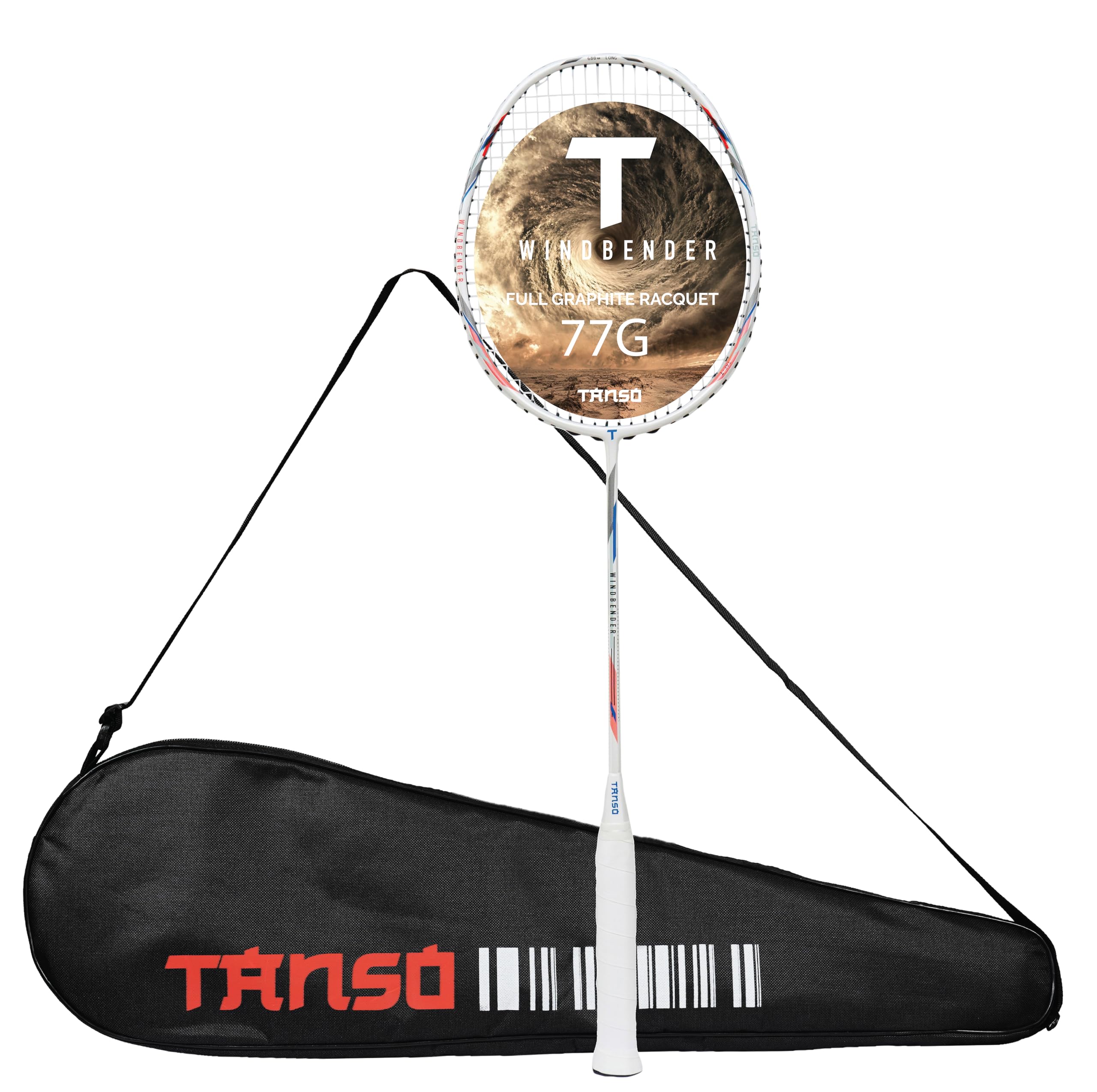 TANSO Windbender Full Graphite Ultra Light Weight Carbon Fibre Strung Badminton Racket (32 Lbs Tension, 680 mm Long, 77 Grams, Strung with Premium Strings and Full Racquet Cover)