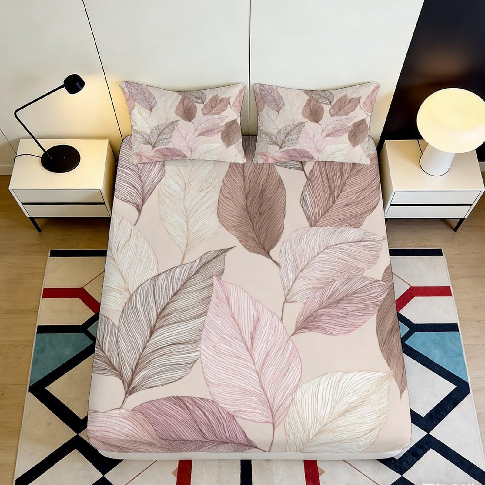 3D Printed Botanical Leaf Fitted Sheet Microfiber Soft Beige Pink Abstract Mattress Cover for Bedroom Dorm Decor 90x200x25cm
