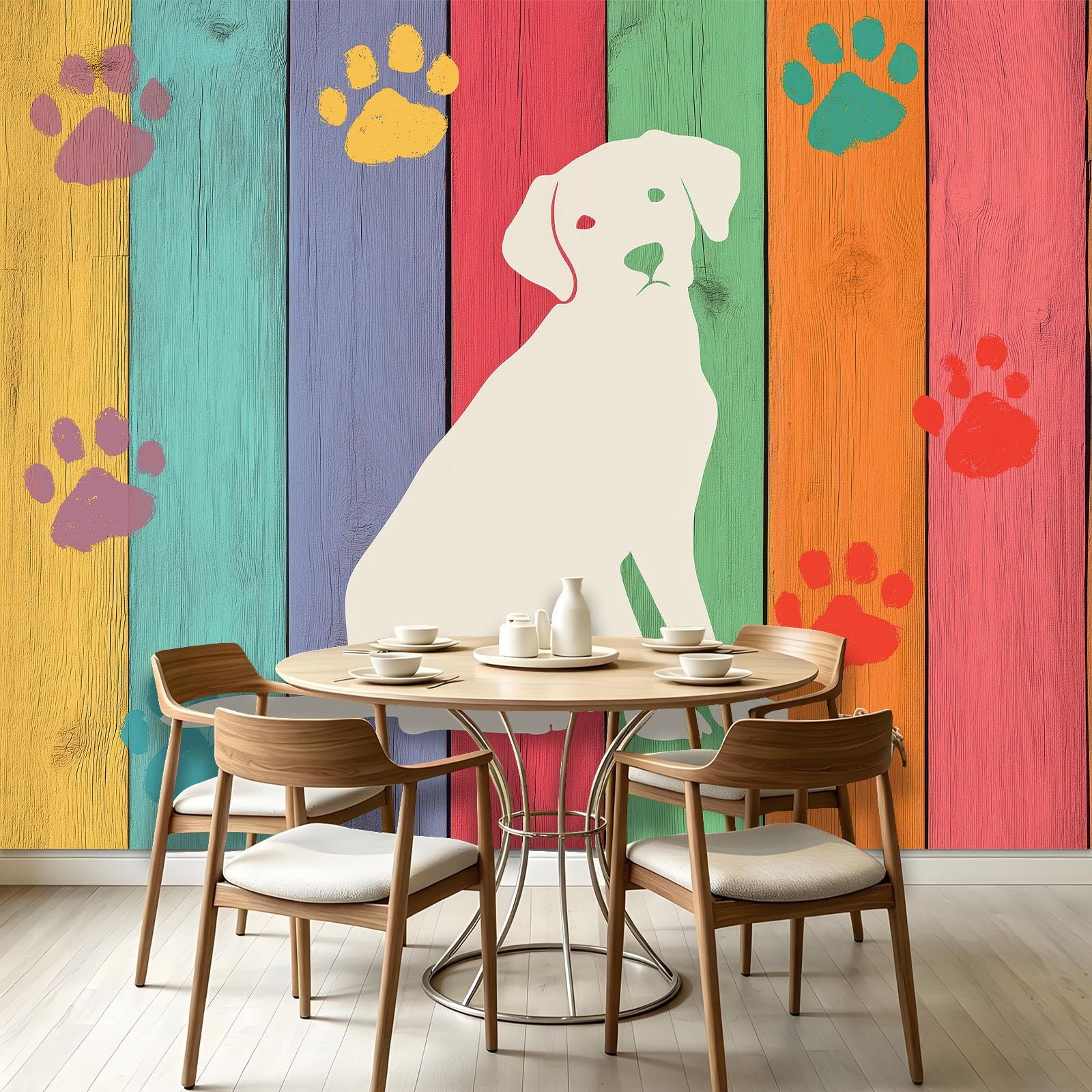 Panoramiczna tapeta z motywem psa z kolorowymi łapami 300 x 210 cm - fototapeta ścienna z włókniny, gigantyczny plakat ścienny ze zwierzętami, do salonu, pokoju dziecięcego, restauracji ściennej