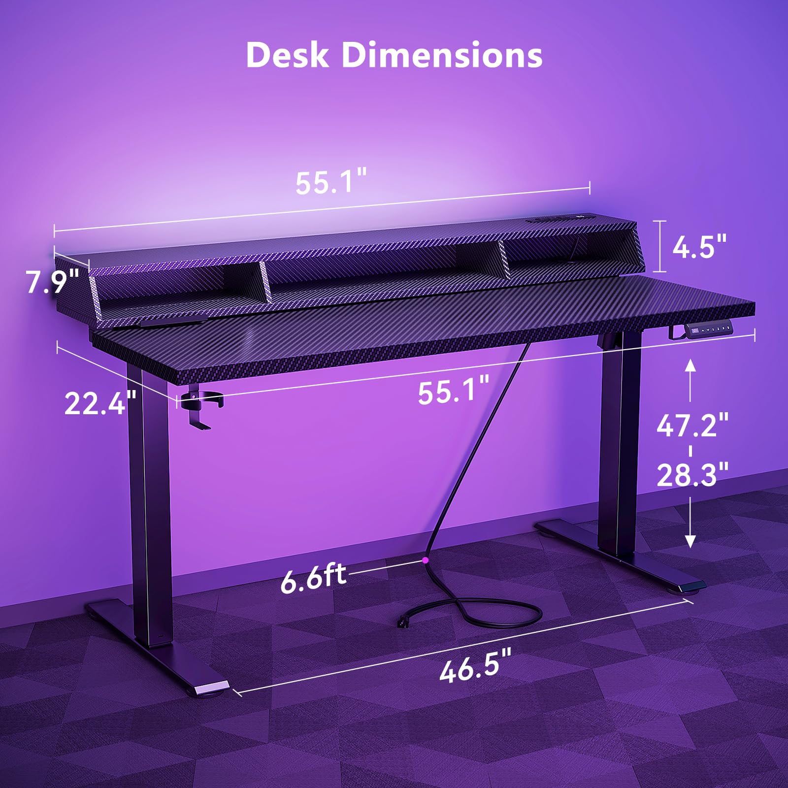 OffiGo Gaming Standing Desk with LED Light 55 Inch Electric Height Adjustable Table with Power Outlet Monitor Stand — view 2