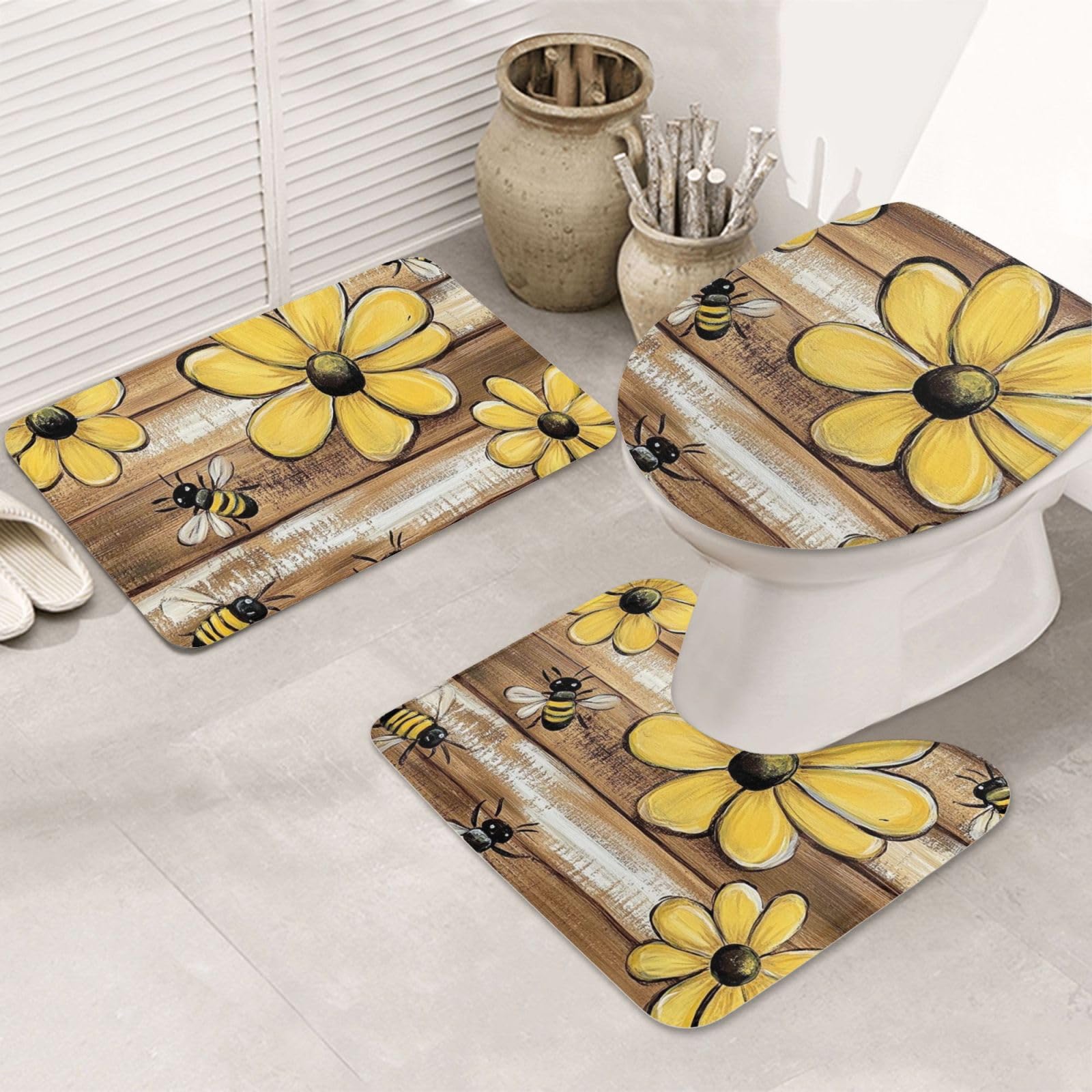 Alfombra de baño de microfibra suave antideslizante Woodbee y juego de 3 piezas florales lavables