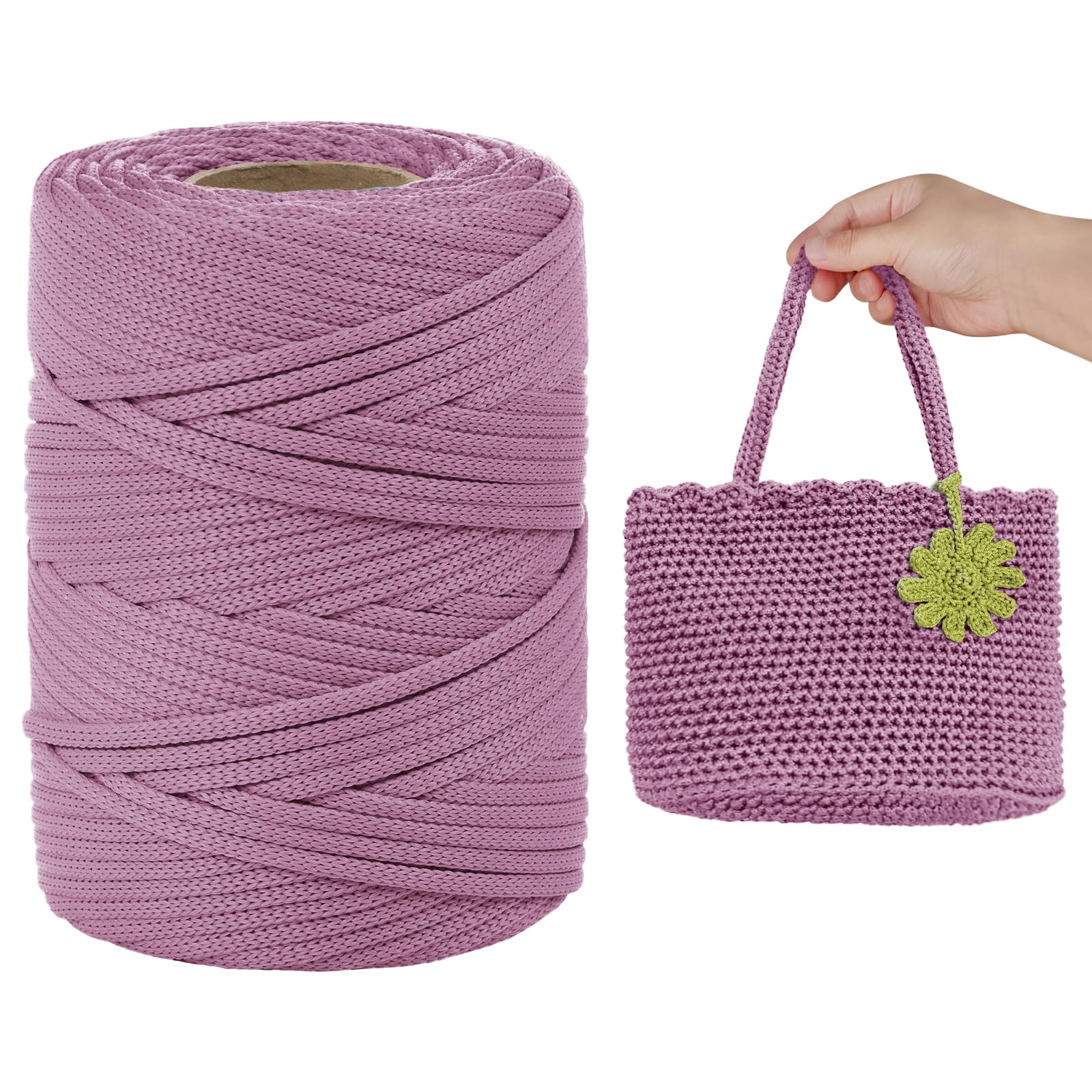 LEREATI Polyester Cord, Polyester Macrame Cord 3mm x 90m Flat Macrame Rope Crochet Polypropylene Cord Polyester Yarn for Crocheting, DIY Bags, Hats, Shoes (Rose Pink)