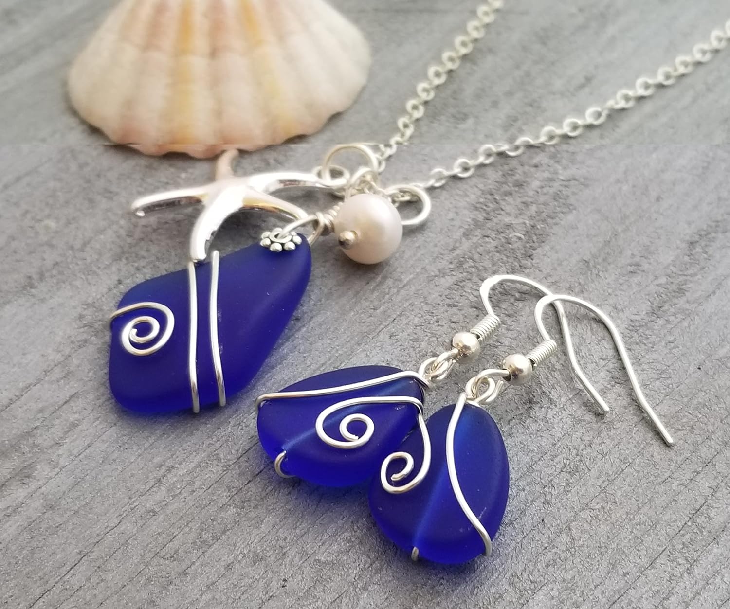 Handmade Wire wrapped Cobalt sea glass necklace + earrings set, September Birthstone, Starfish and Natural pearl, (Hawaii Gift Wrapped)