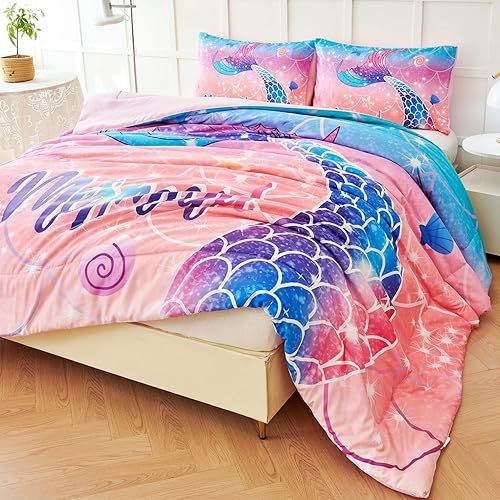 Miniatura 8 de Juego de edredón de sirena tamaño matrimonial para niñas, color rosa, morado, verde azulado, degradado, para todas las estaciones, juego de ropa de