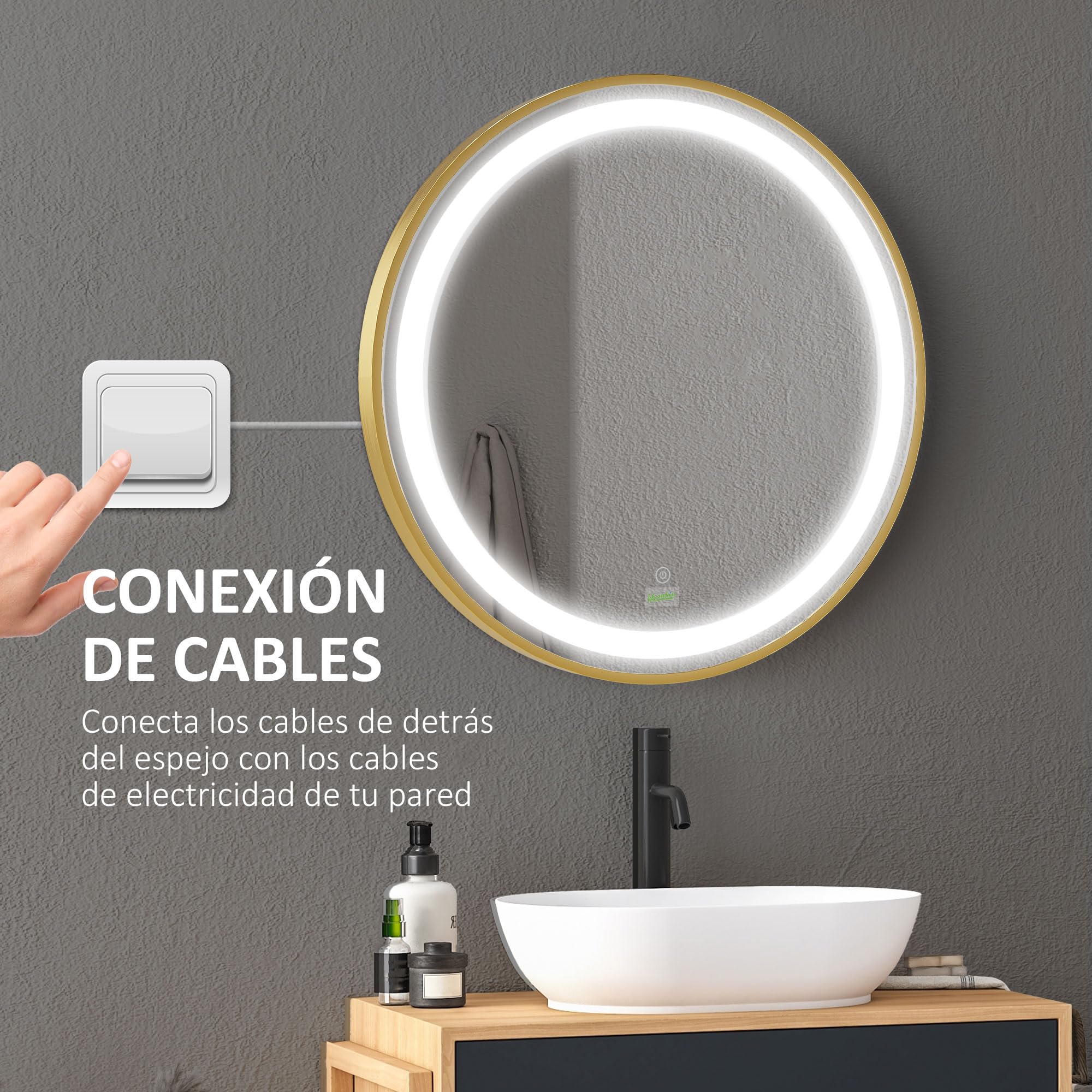 kleankin Conjunto de Baño Juego de Mueble para Debajo del Lavabo con Patas de Acero y Espejo de Baño con Luz LED Interruptor Táctil 60x30x65 cm Ø60x4 cm Blanco y Dorado
