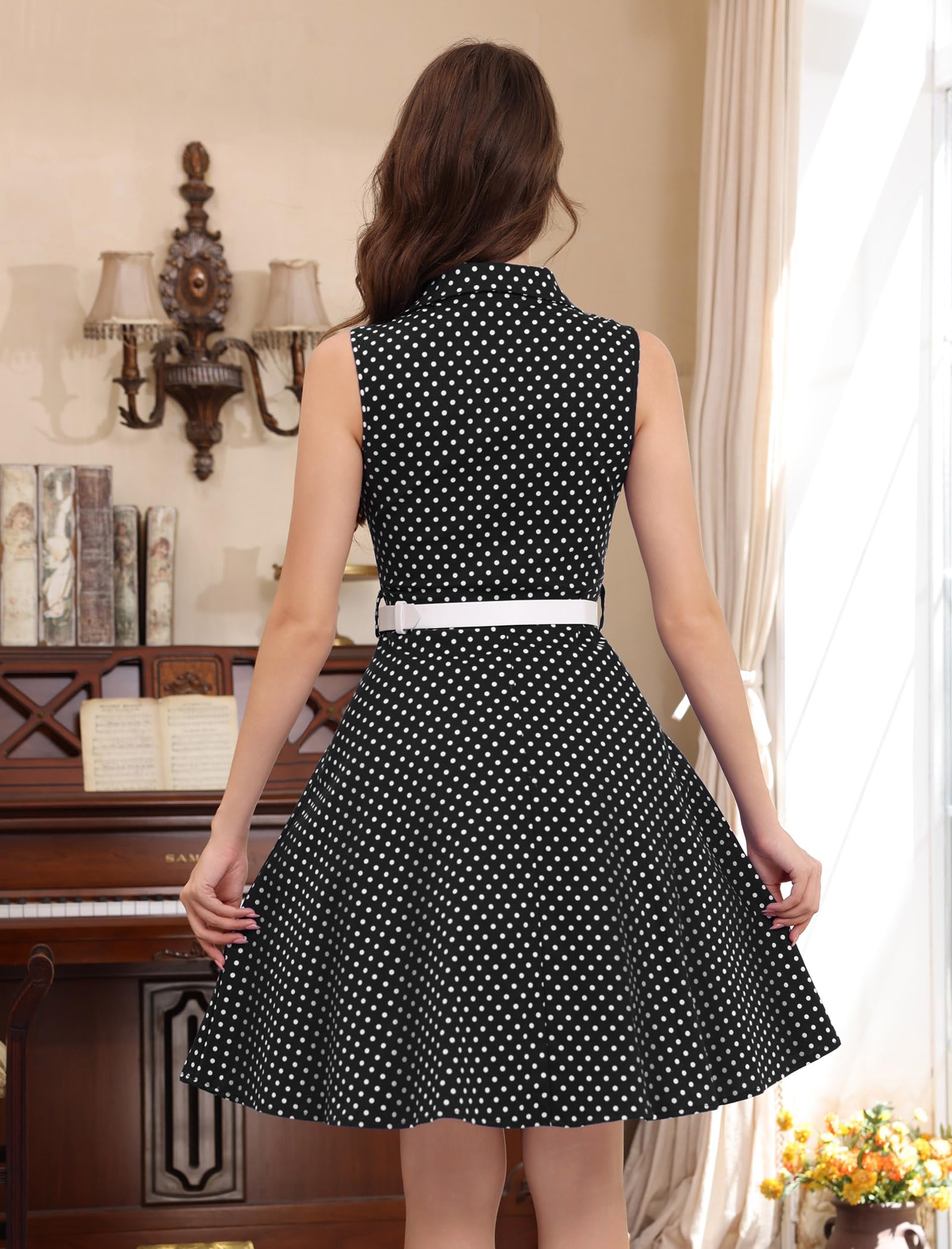Abito da donna vintage anni '50s Rockabilly Swing Elegante Polka Dot Revers Cocktail Audrey Hepburn Style Formal Prom Tea Party Midi Abiti con cintura