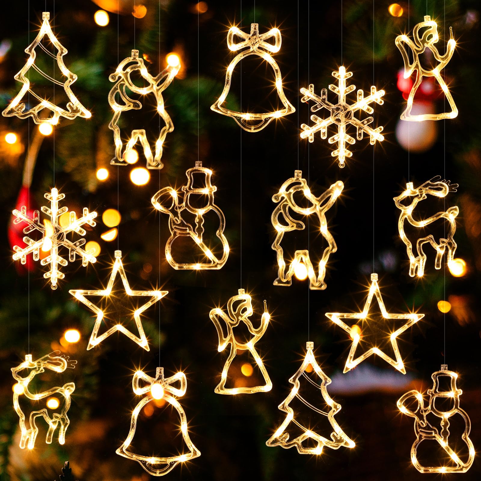 Retisee 16 Pcs Christmas Window Lights Battery Powered Christmas Indoor Curtain Lights LED Hanging Warm White Backdrop String Lights with Suction Cup for Xmas Tree Fireplace Window Decorations 8 Sizes