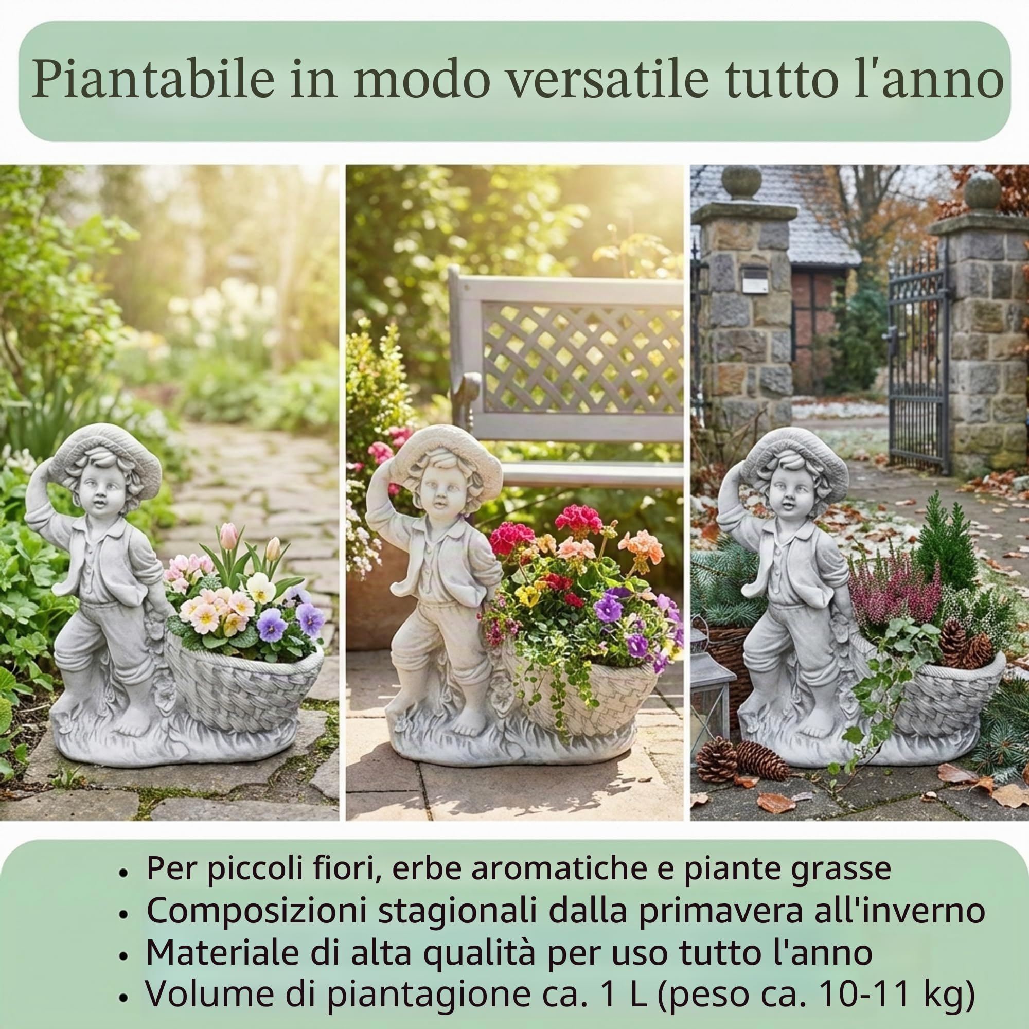 gartendekoparadies.de Statua da giardino Ragazzo con vaso, altezza 40 cm, vaso per piante in pietra refrattaria resistente al gelo, decorazione da giardino in grigio