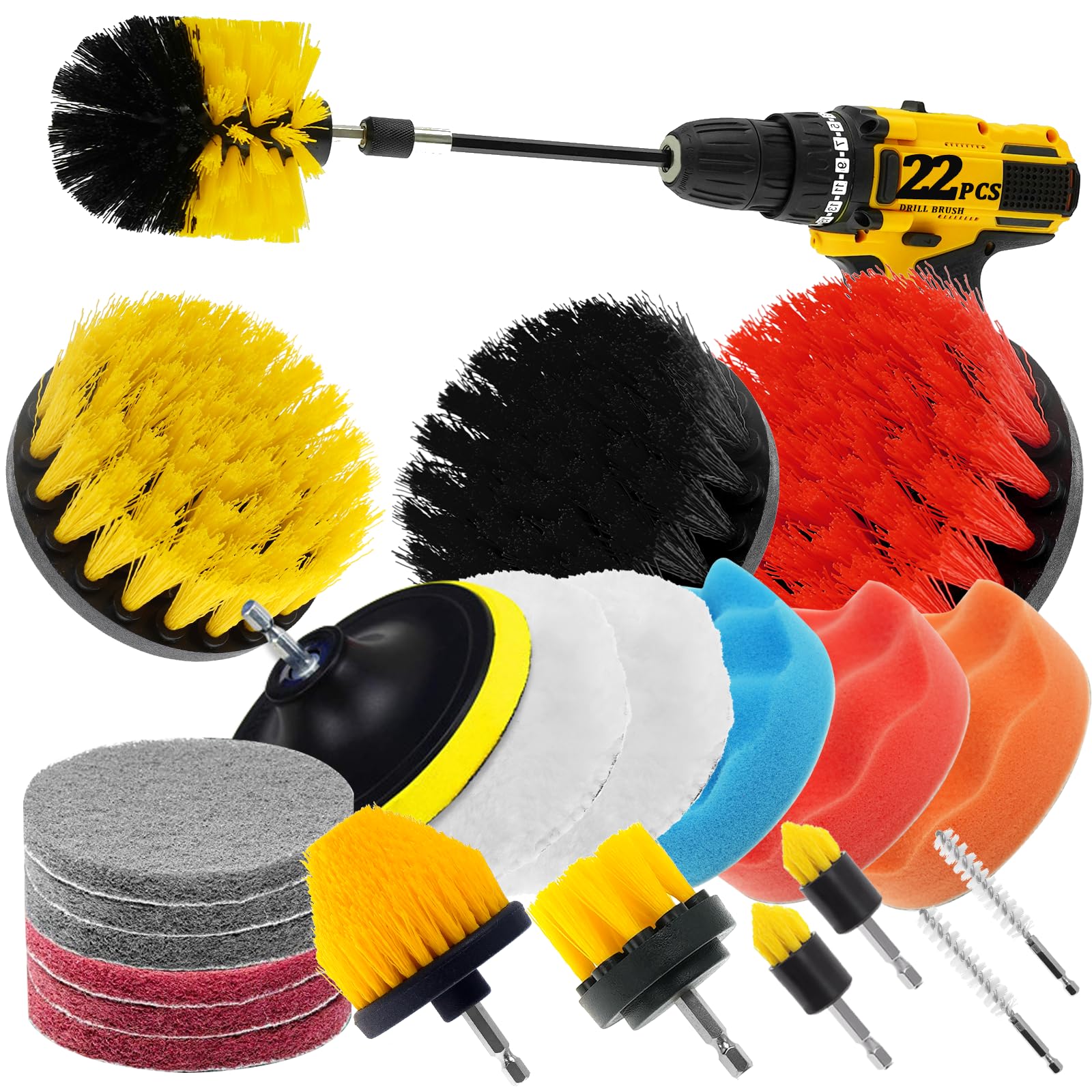 22 Pcs Drill Attachments Set Scrub Pads Sponge Wire Brush Power Scrubber with Extend Long Attachment Drill Scrubber