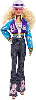 Barbie Elton John Collector Doll (12-inch, Curly Blonde Hair) in Bomber Jacket and Flared Denim, with Doll Stand and Certificate of Authenticity