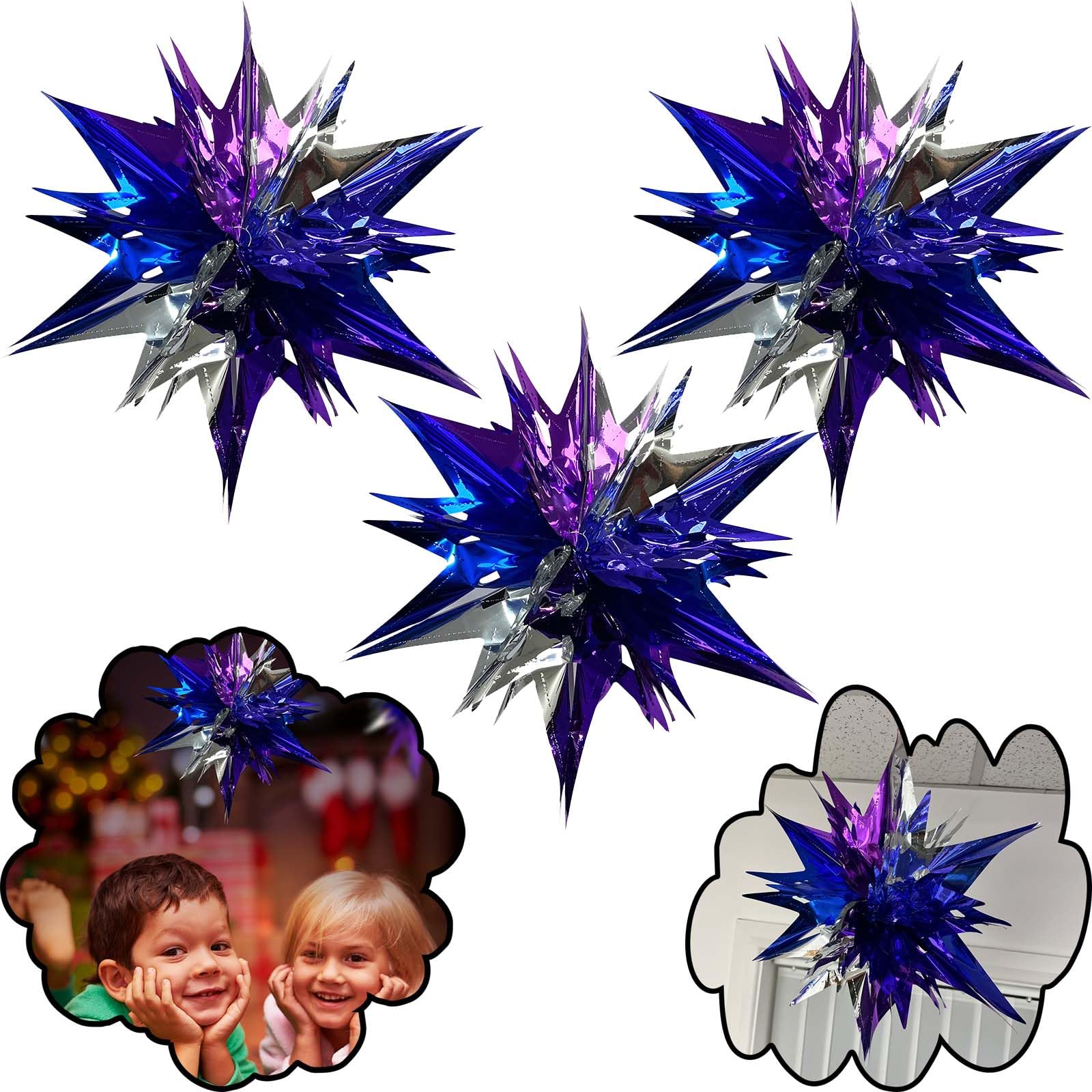 3PC Christmas Ceiling Decorations, Festive Foil Garland & Starburst Hanging Tinsel in Purple