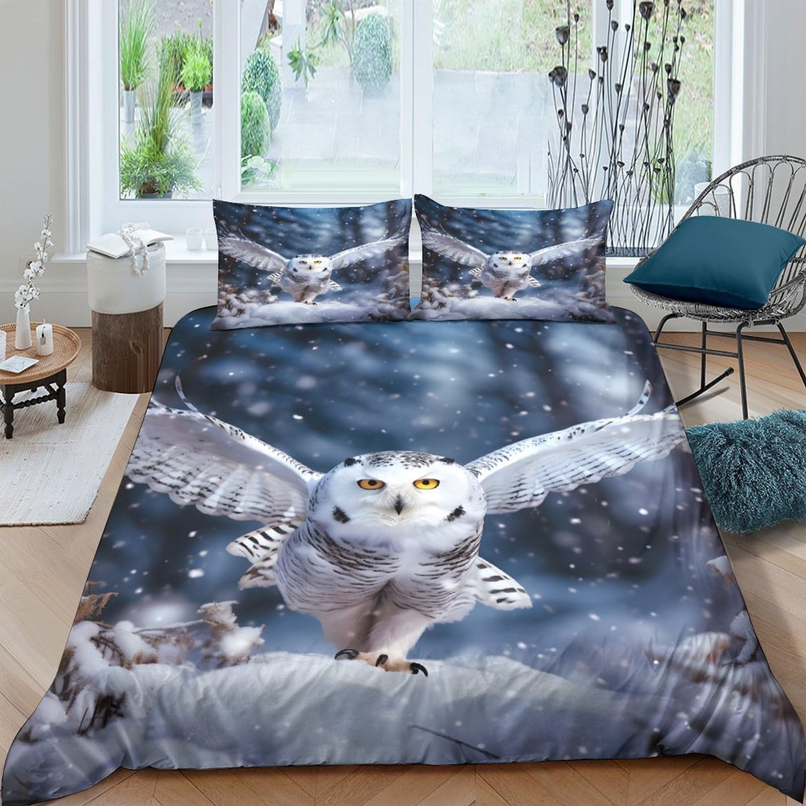 Ctjqhvkz Style-8 3D Printed Snowy Owl Fitted Sheet Microfiber Soft Anti-Slip Dark Forest Mattress Cover For Bedroom Dorm Decor Single（135X200cm）