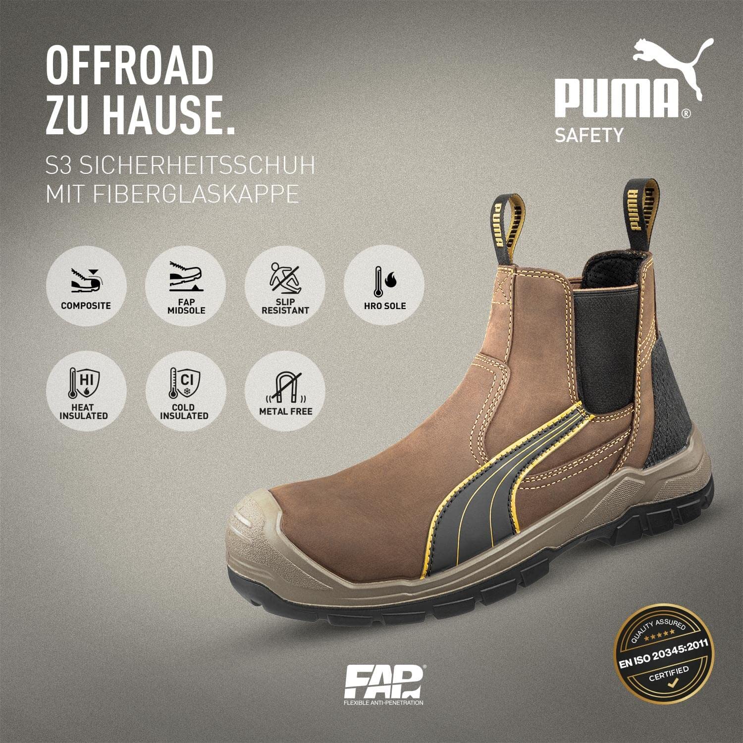 PUMA Safety Arbeitsstiefel Herren S3 TANAMI MID – Robuste Slip-On Stiefel aus Leder mit Schutzkappe – Wasserdicht & rutschhemmend für Arbeit & Outdoor