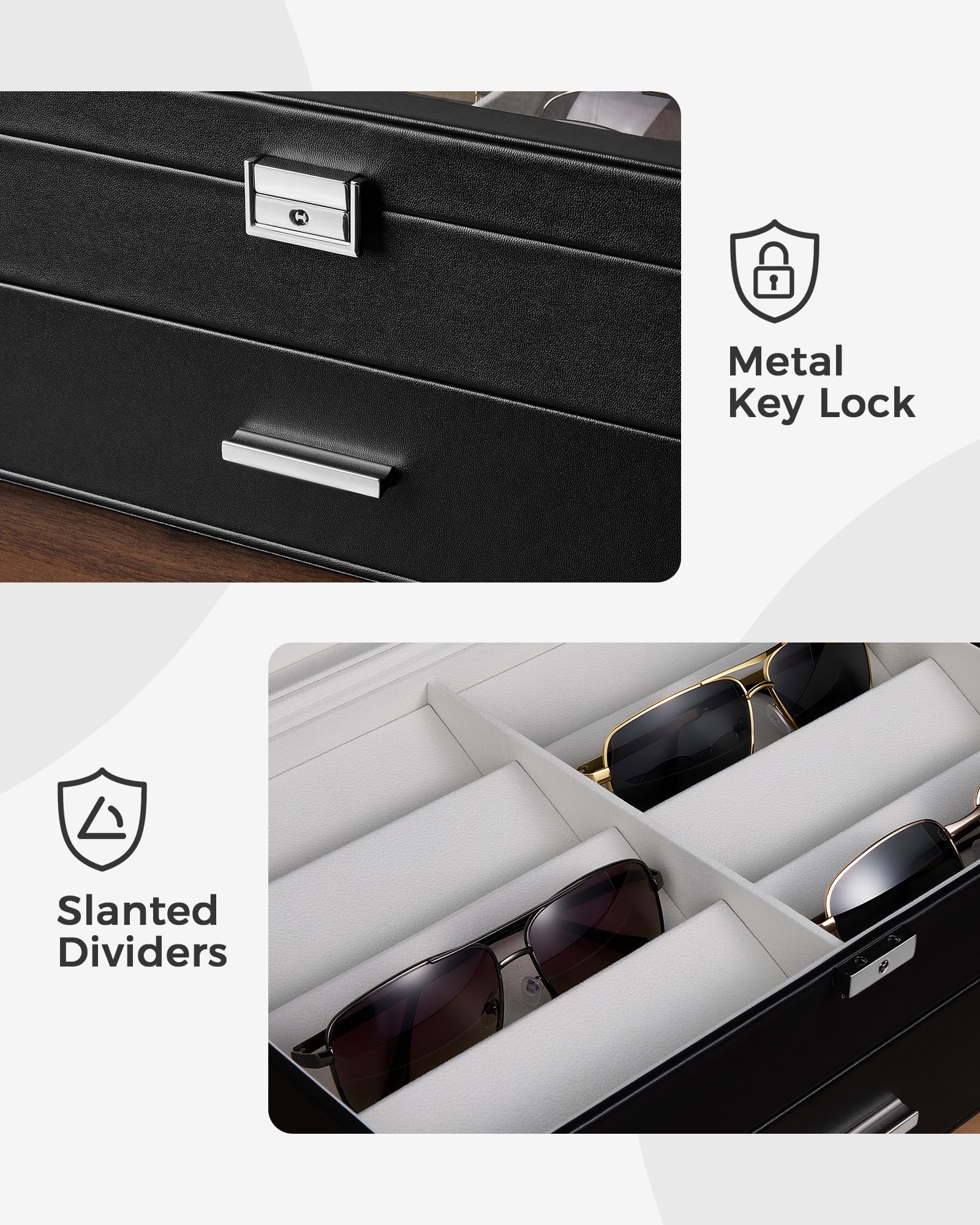 ProCase Organizer na okulary przeciwsłoneczne dla mężczyzn - etui ze skóry PU z przegródkami, szklaną pokrywą z zamkiem, nachylonymi przegrodami i miękką podszewką