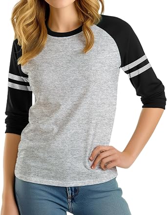 Decrum 3/4 Length Sleeve Womens Tops - Striped Raglan Sleeve Casual Baseball Shirt Women