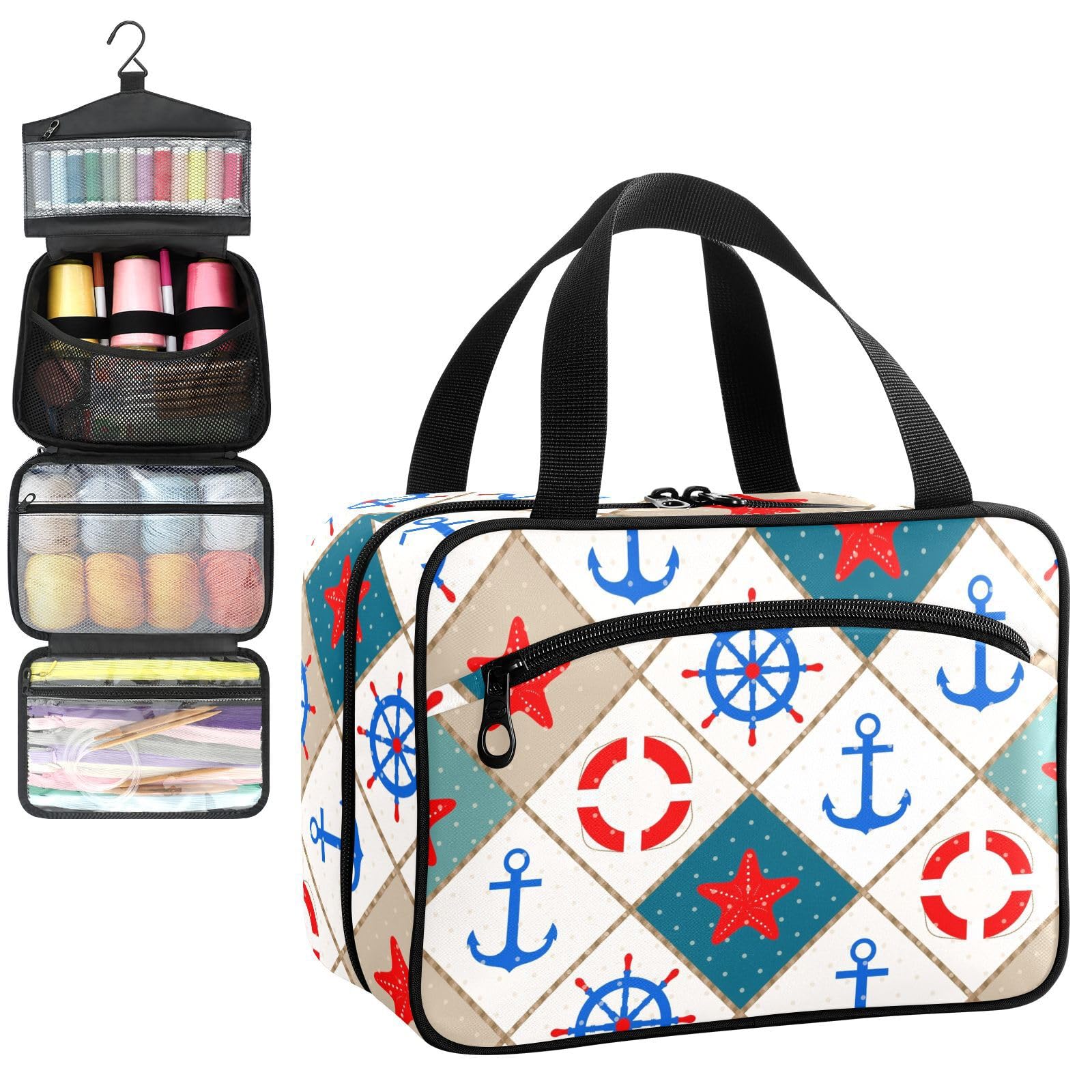 YNNALE Sewing Supply Organizer Bag, Costal Xmas Anchor Boat Helm Christmas Portable Sewing Bags with Pockets&Hanger, Sewing Storage Box Case for Sew Supplies/Kit/Tools/Accessories (BAG ONLY)