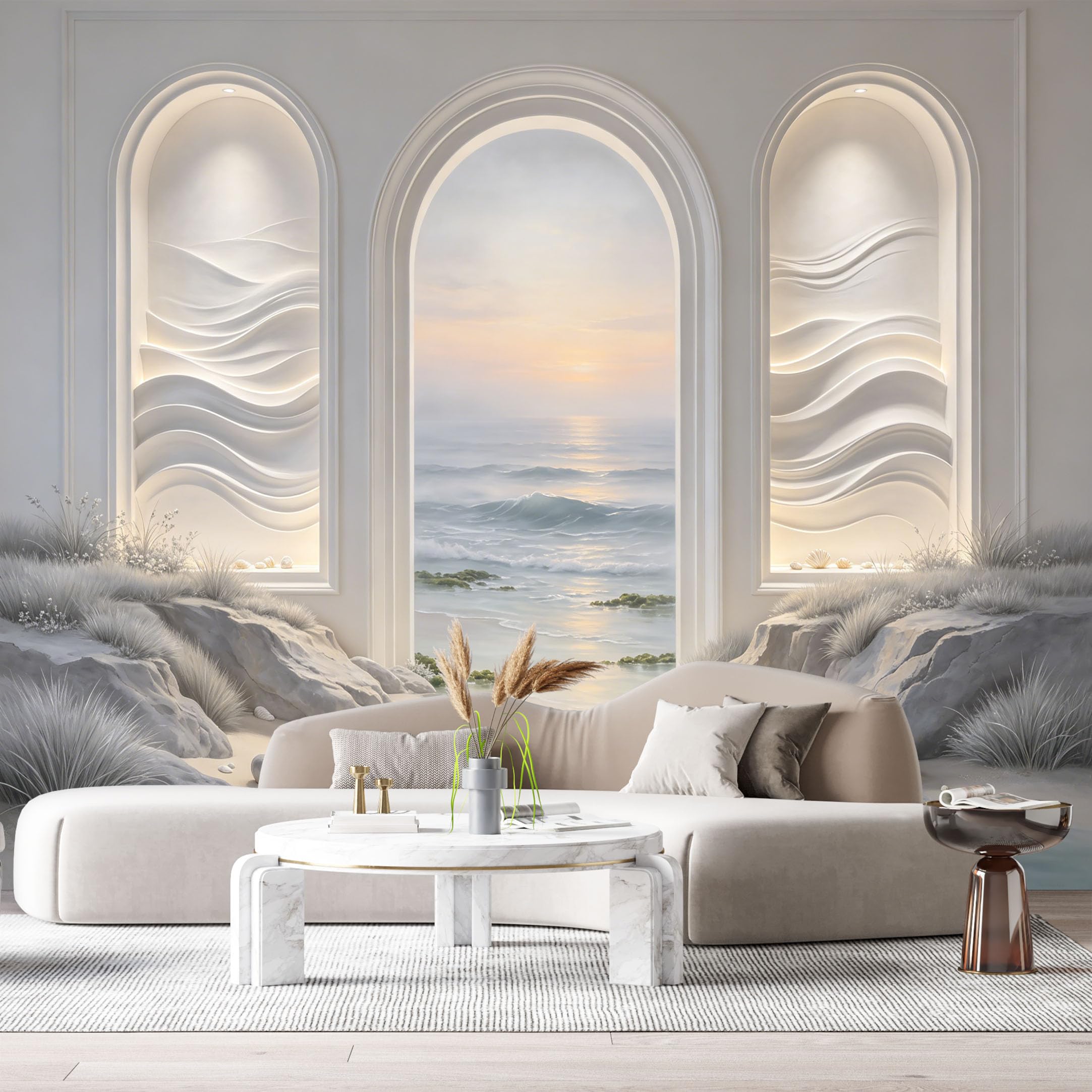 Custom Size Wall Murals Coastal Ocean Sunset Archway 3D Trompe L'Oeil SelfAdhesiveWall Fabric Removable Wallpaper Wall Decor for Living Room Bedroom Bathroom