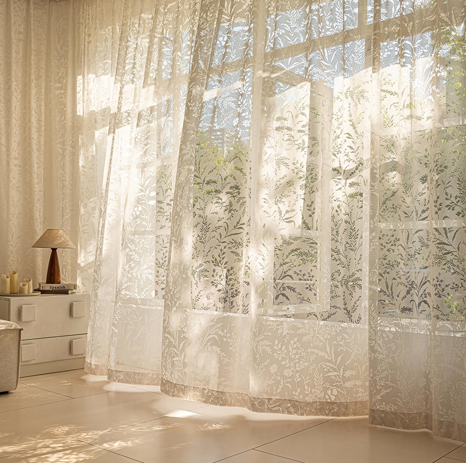 Gazal Vole Beige Floral Lace Net Curtains, Jacquard Sheer Voile Curtains with Botanical Leaf Pattern, 72 inch Drop, Slot Top Rod Pocket Light Filtering Privacy Drapes for Living Room Bedroom Café