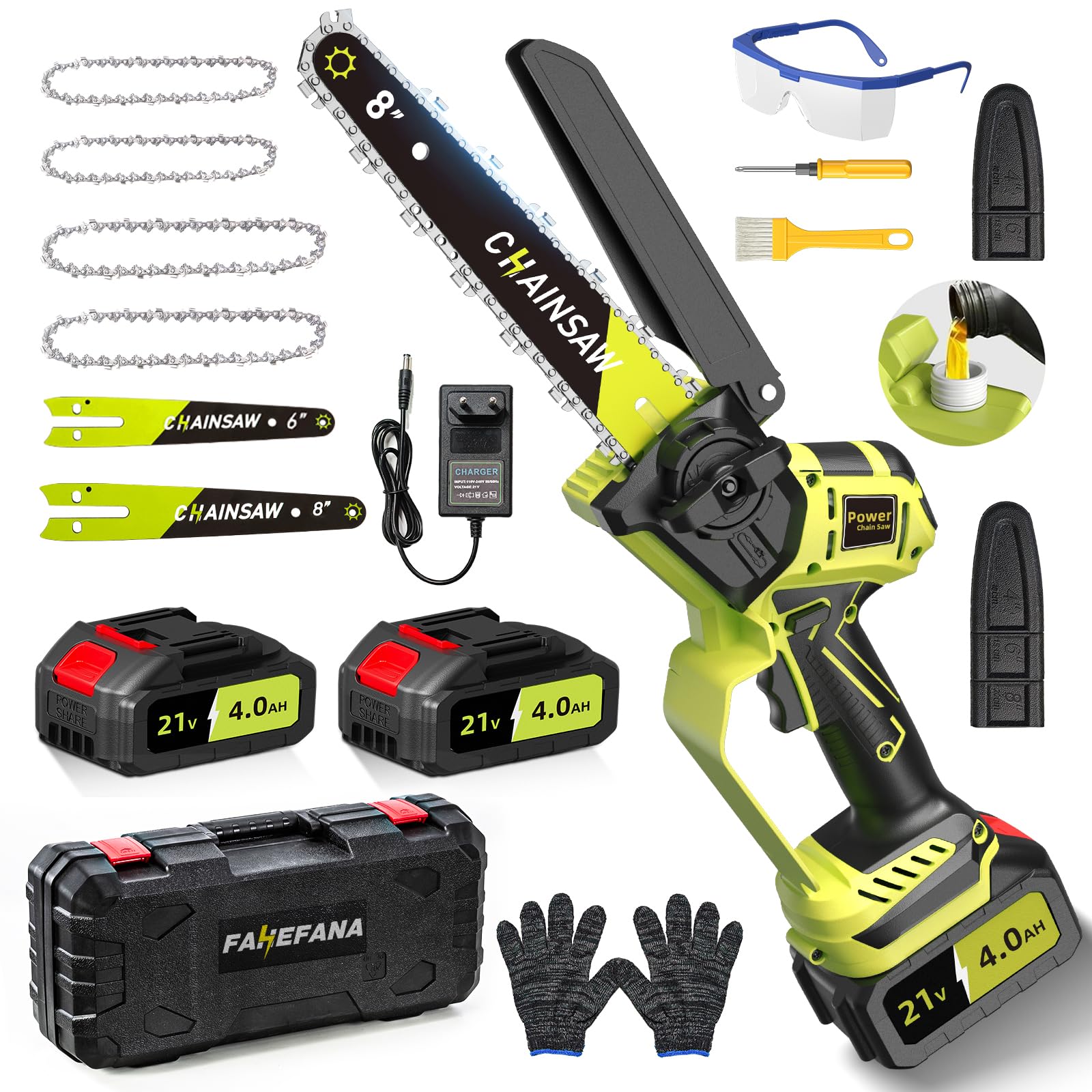 Mini Motosierra a Batería 8 y 6 Pulgadas, 1300W Motor Sin Escobillas Motosierra Eléctrica, 8000mAh Sierra Electrica, Motosierras de Mano para Podar de Jardinería, Compatible con Makita Batería