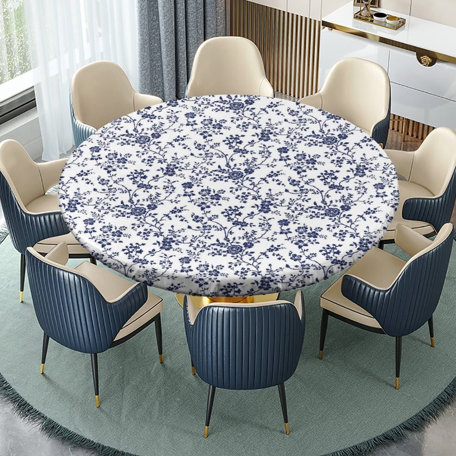 Pastoral Style Round Fitted Tablecloth for Dining Room Table, Blue Floral Elastic Edge Table Cover for Outdoor Picnic Patio Birthday Party or Indoor Table Decor Fits Tables Up to 52