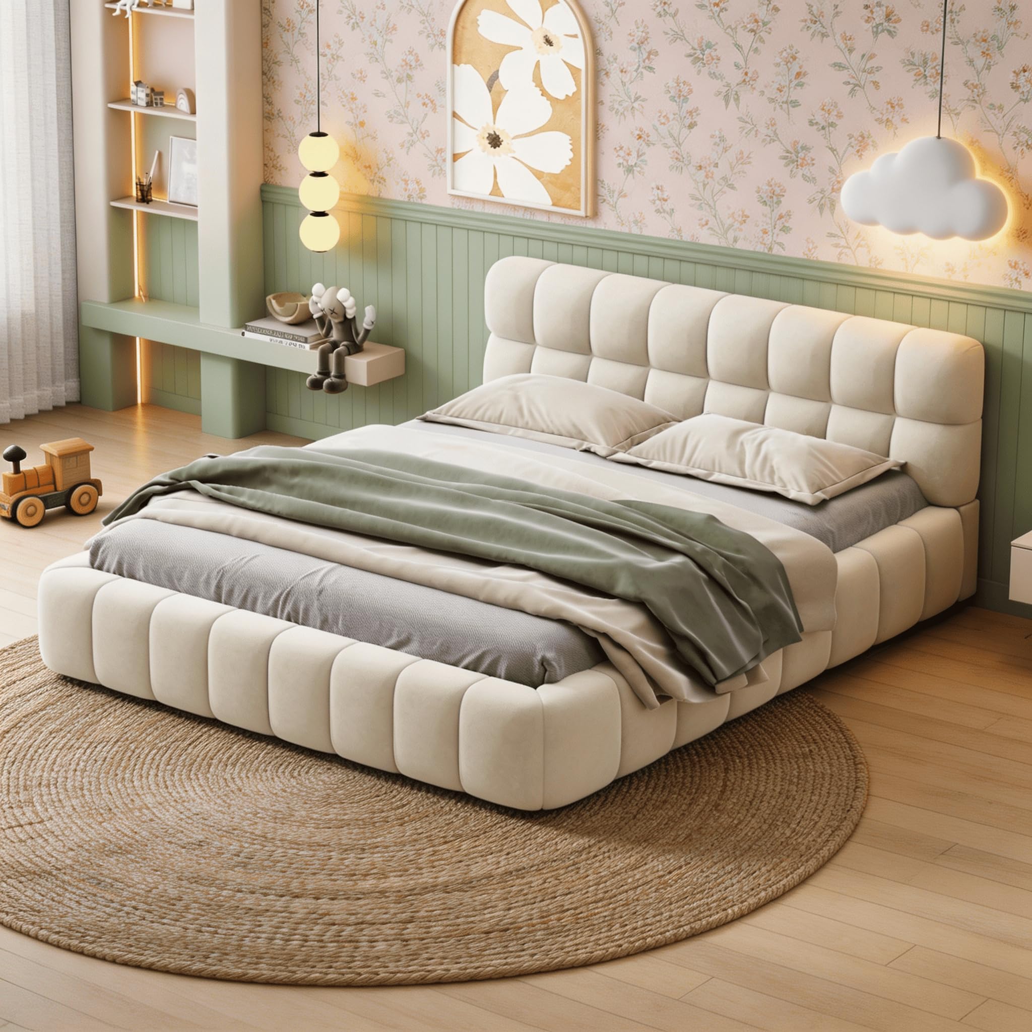 HYNHXBP Bubble Upholstered Double Bed Frame 135 x 190 cm with Padded Headboard, Low Platform Bed with Wooden Slatted Base, Linen Fabric Tufted Bedstead, Mattress Not Included (Beige, 135 x 190 cm)