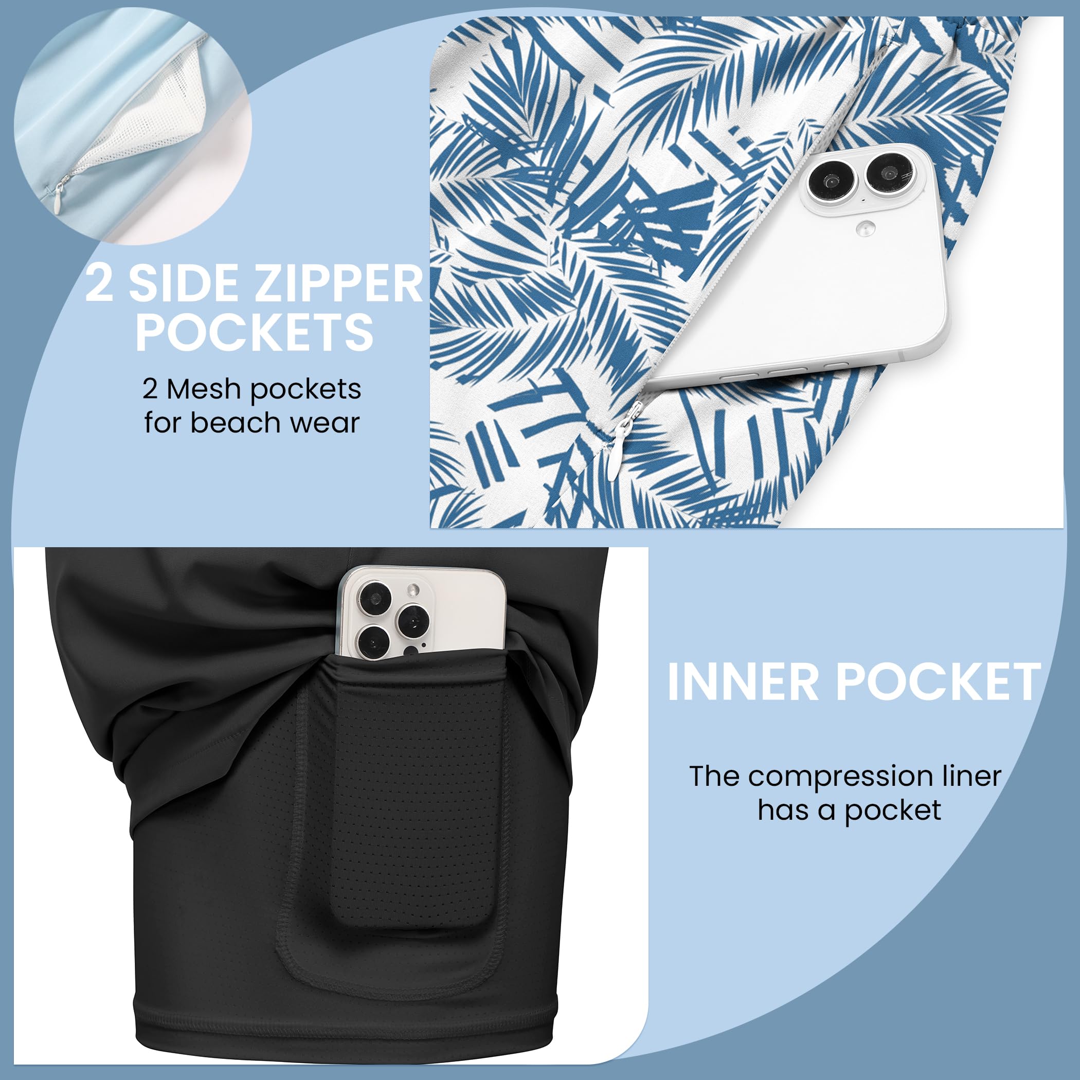 Ekouaer 2 Pack Men's Swim Trunks 5" with Compression Liner 2 in 1 Board Shorts Quick Dry Bathing Suit Swimwear Zipper Pocket - 4