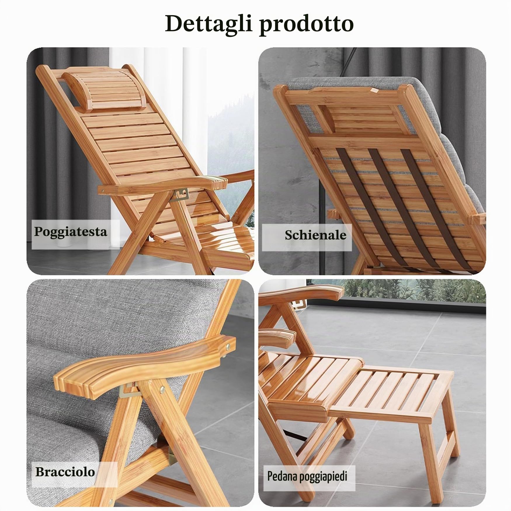Sedia a Sdraio in Legno Sedia Reclinabile da Esterno, Lettino Prendisole da Giardino Regolabile in 5 Posizioni, Poltrona Salotto Pieghevole per Balcone Terrazza, con Cuscino