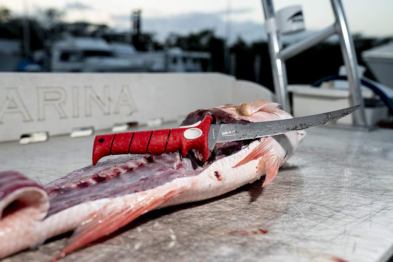 Bubba 9 Inch Tapered Flex Fillet Knife with Non-Slip Grip Handle, Full Tang High Carbon Stainless Steel Titanium Coated Non-Stick Blade, Lanyard Hole and Synthetic Sheath for Fishing : Sports & Outdoors