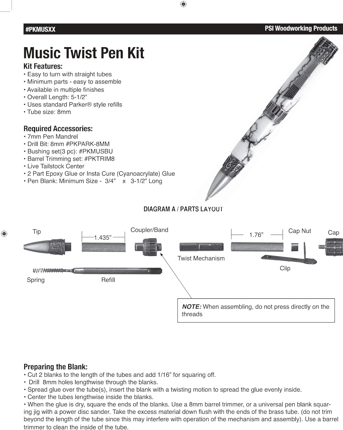 Penn State Industries PKMUSSS Music Ballpoint Twist Pen Kit Starter Package Woodturning Project