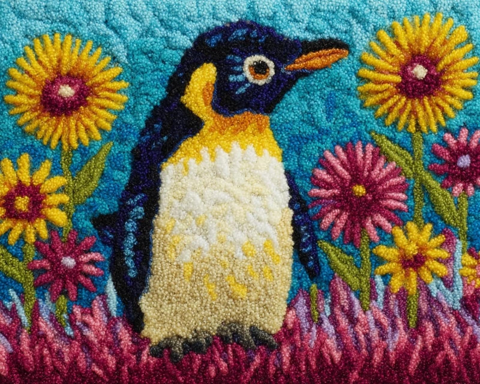 Wallphantom Latch Hook Kits Rugs,Penguins and Flowers,Handmade Self Knotting Set,Tapestry Kits for Adults,Cushion Latch Hook Rug Pre-Printed Pattern Craft for Adults,80x115cm