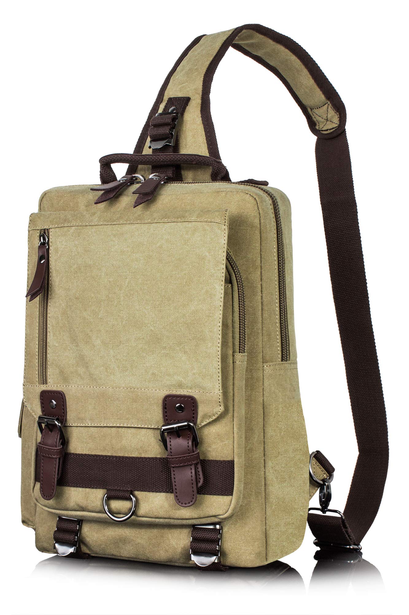 H HIKKER-LINK Canvas Messenger Bag Crossbody Shoulder Backpack Sling Bag Rucksack Daypack Casual Travel School, Khaki, Medium