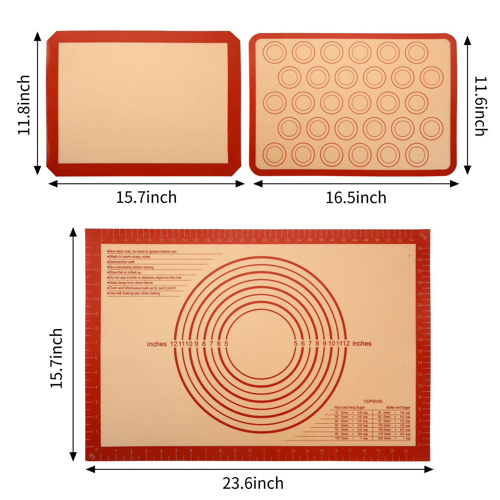 Silikon-Backmatten mit Messung – Set von 3 Blatt (1 große, 2 Hälfte) Antihaft-Backmatte zum Ausrollen von Teig Küche Knetmatte für Kekse, Macaron, Brot, Pizza, Kuchen Wiederverwendbare Ofeneinlage