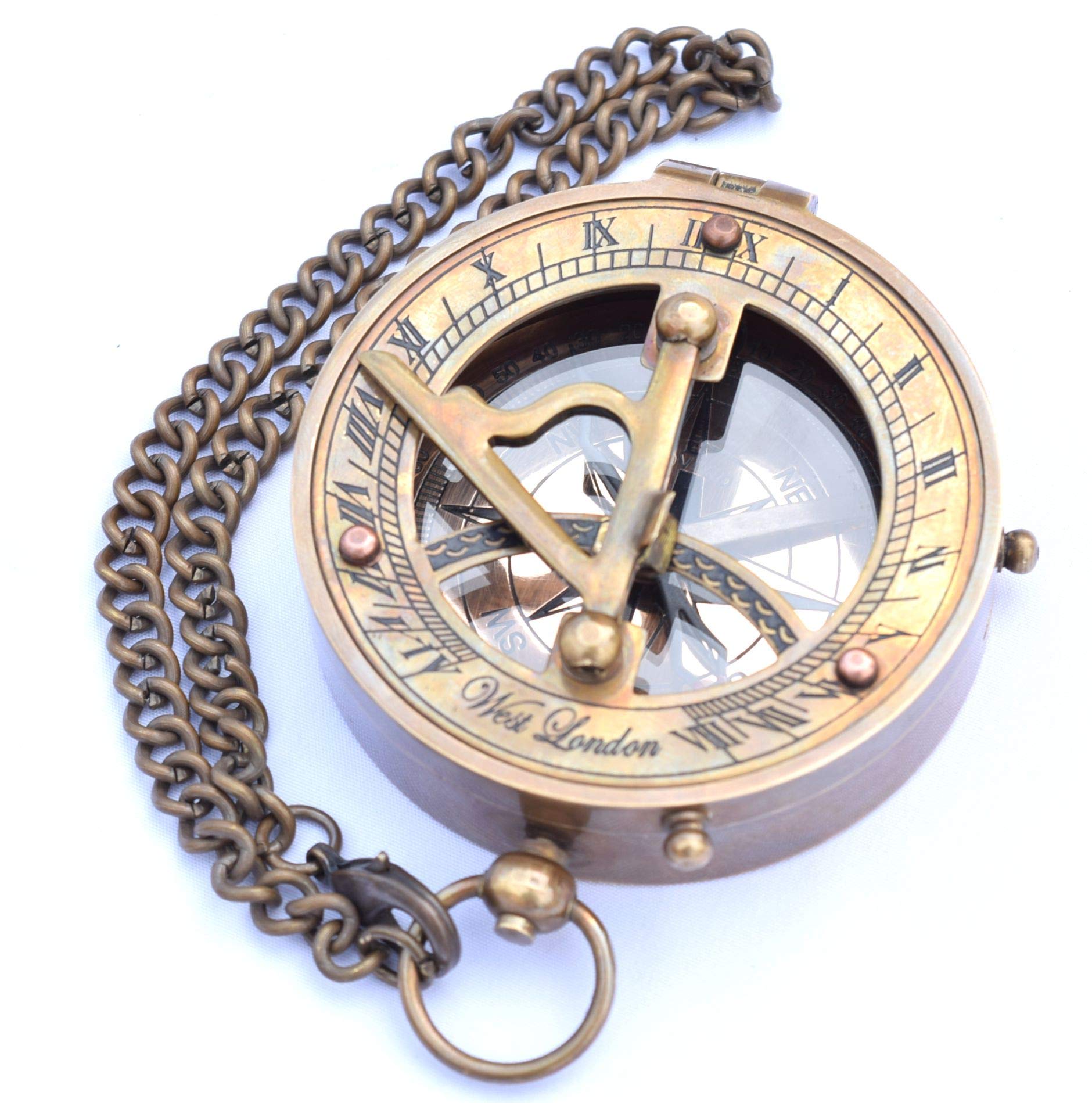 Boussole Laiton Avec Cadran Solaire - Style Steampunk Antique - Étui Cuir Et Chaîne - Cadeau Fait Main