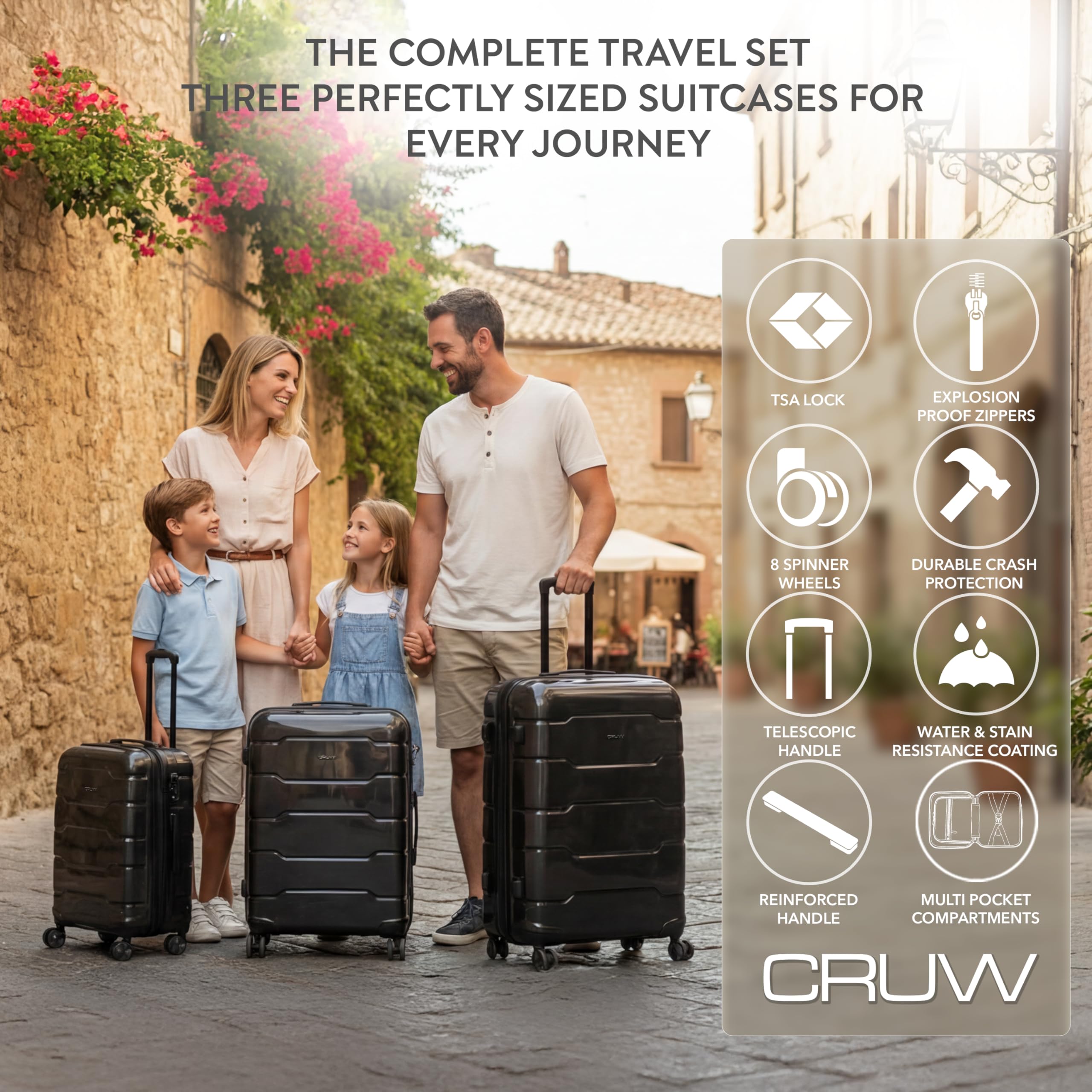 CRUW 3-Piece Luggage Set Expandable Polypropylene Suitcase Set TSA Locks 8 Silent Spinner Wheels Lightweight Nested Suitcases Travel Set easyJet British Airways Jet2 Airline-Approved Carry-On Black