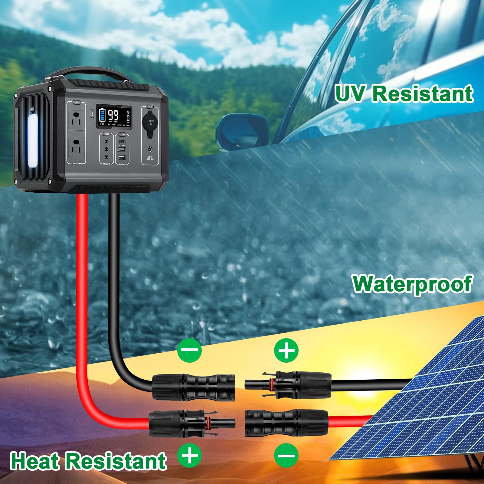 Cable de extensión solar de 8 AWG de 5 pies, paquete de 2 (rojo + negro), cable fotovoltaico con conectores solares macho/hembra, cable de panel solar resistente a la intemperie para RV, barco