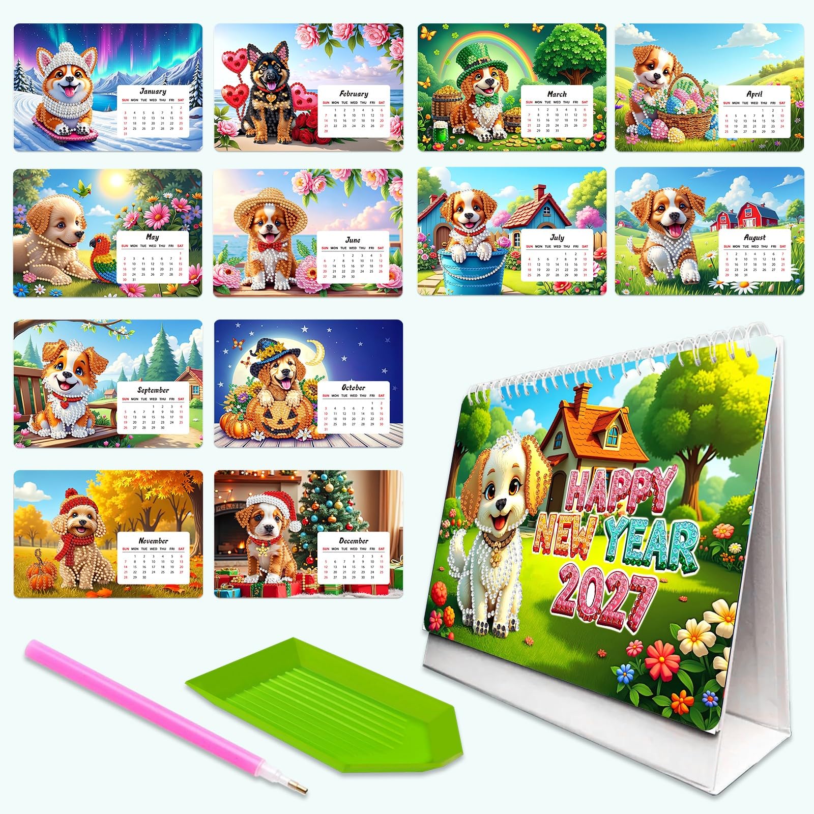 Lebartm 2027 DIY Diamond Art Desk Calendar Creative Design Thick Paper Calendar Ornaments Diamond Art Painting Monthly Flip Tabletop Calendar for Office Home Planning-Dog
