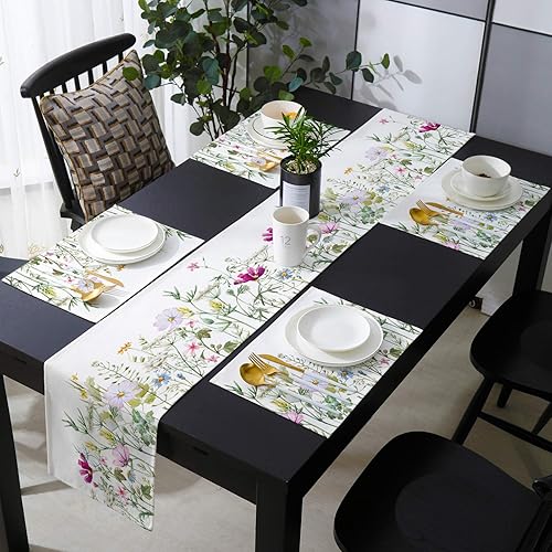 Juego de manteles individuales florales con camino de mesa a juego de arpillera de algodón y lino 4 alfombrillas de lugar camino de 16 x 72