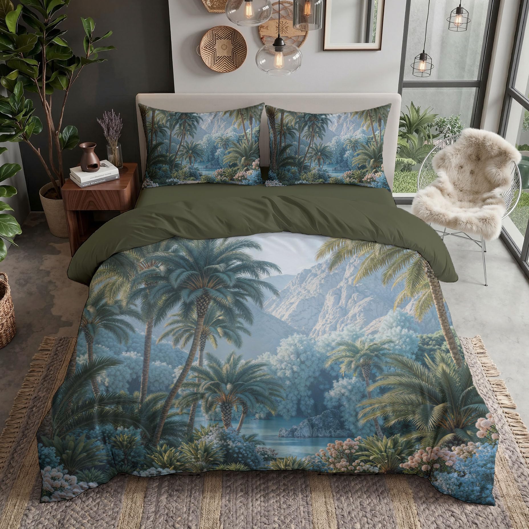Housse de couette jungle 240x260 parure de lit bleu fleurs du lac palm grove en microfibre