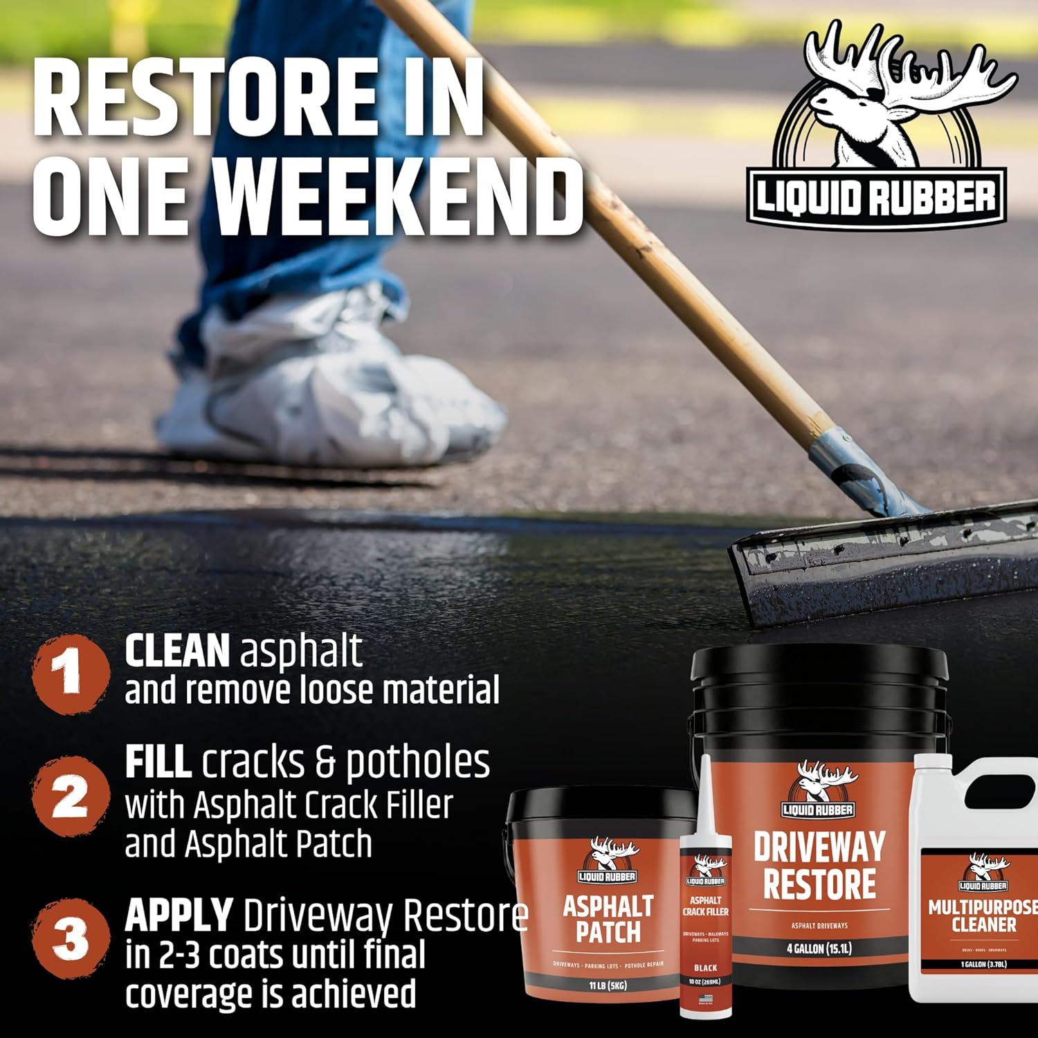 Liquid Rubber Driveway Restore - Highly Flexible Asphalt Coating Fills Cracks and Revitalize, Easy to Use and Apply, 4 Gallon