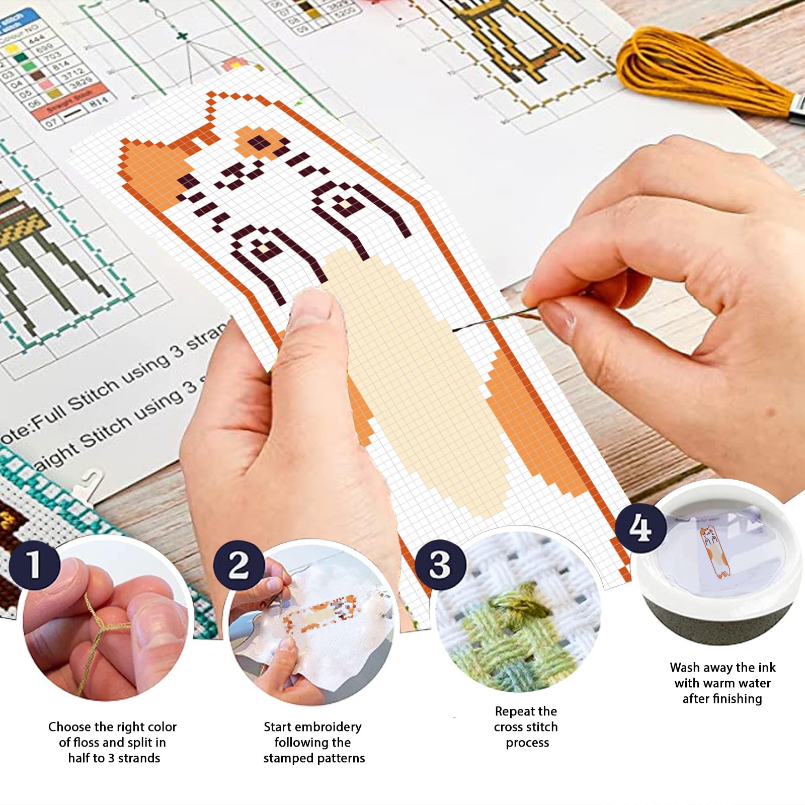FREEBLOSS 6 Set Cross Stitch Bookmark Kit Stamped Cross Stitch Kit Orange Cats Theme Embroidery Set including Instruction for Adults 8''*2.4'' - Image 4