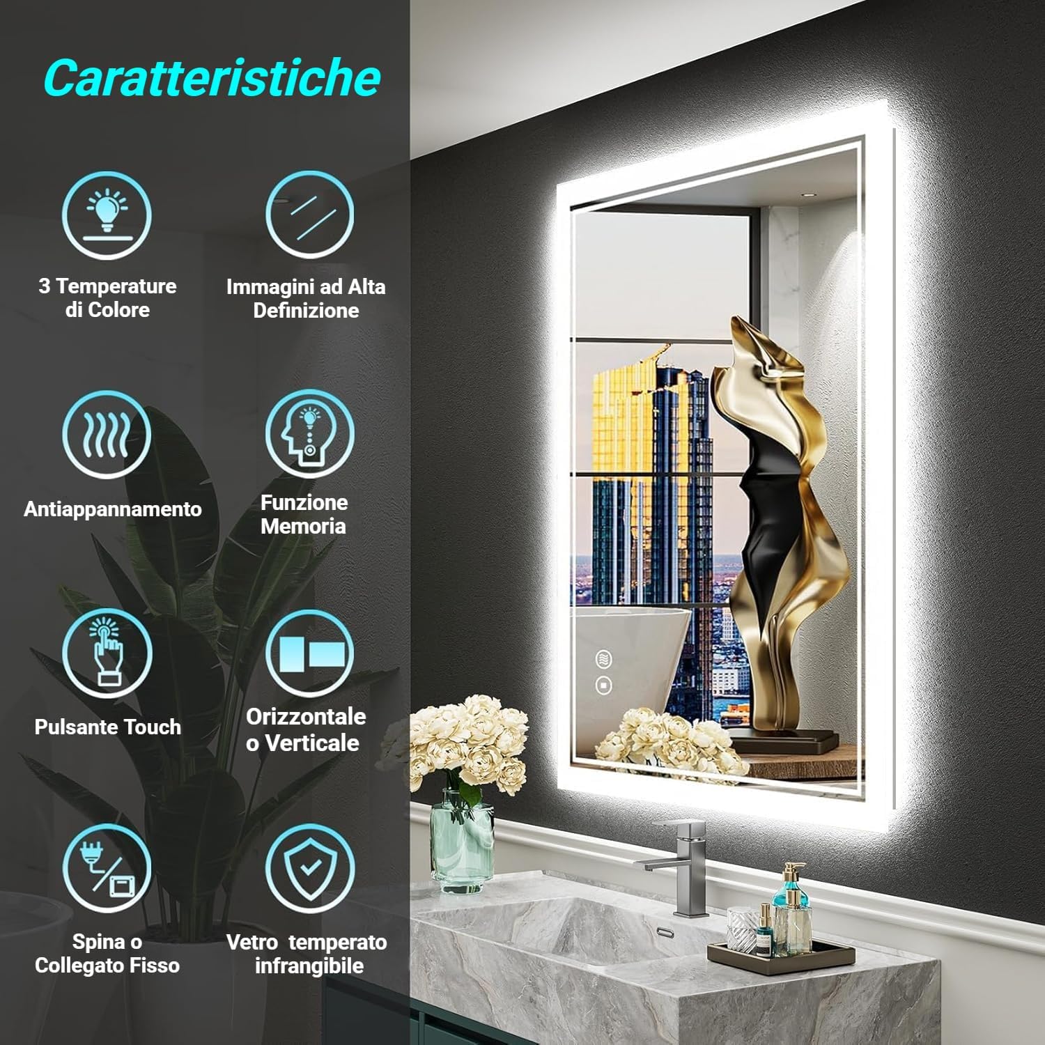 Specchio Bagno con Luce - 80 x 60 CM Specchio Bagno LED Antifog, Specchi da parete Dimmerabile 3 Colori, Specchio Intelligente Infrangibile, Funzione di Memoria (Orizzontale/Verticale)