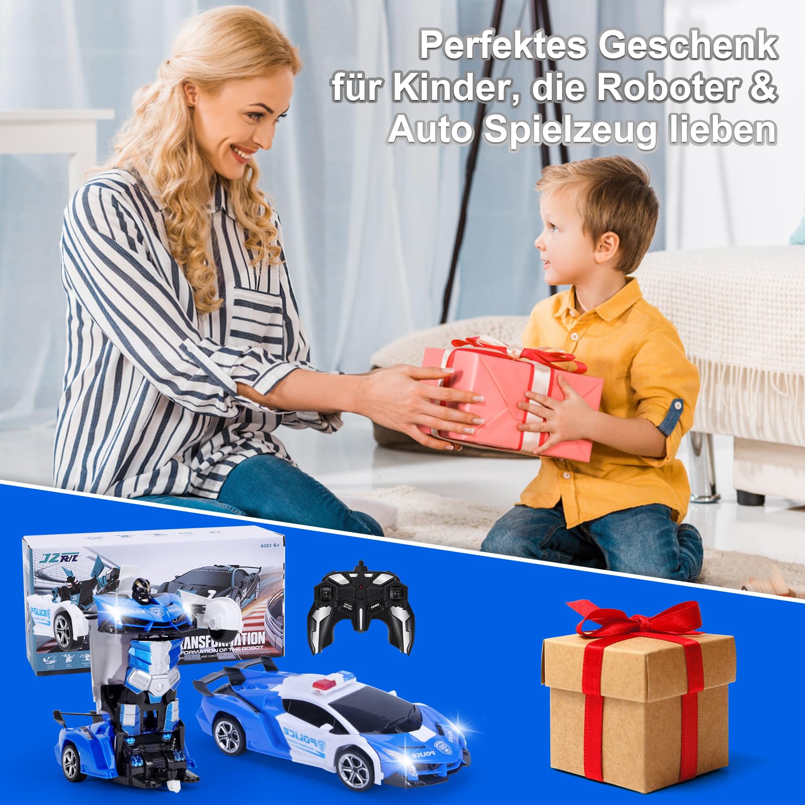 Yellcetoy Transform Spielzeug Ferngesteuertes Auto, Roboter Auto mit Handgesten Sening Musik & Licht, Polizei Autos mit 2,4Ghz Fernbedienung Akkus, Kinder Junge Geschenke ab 3-10 Jahre