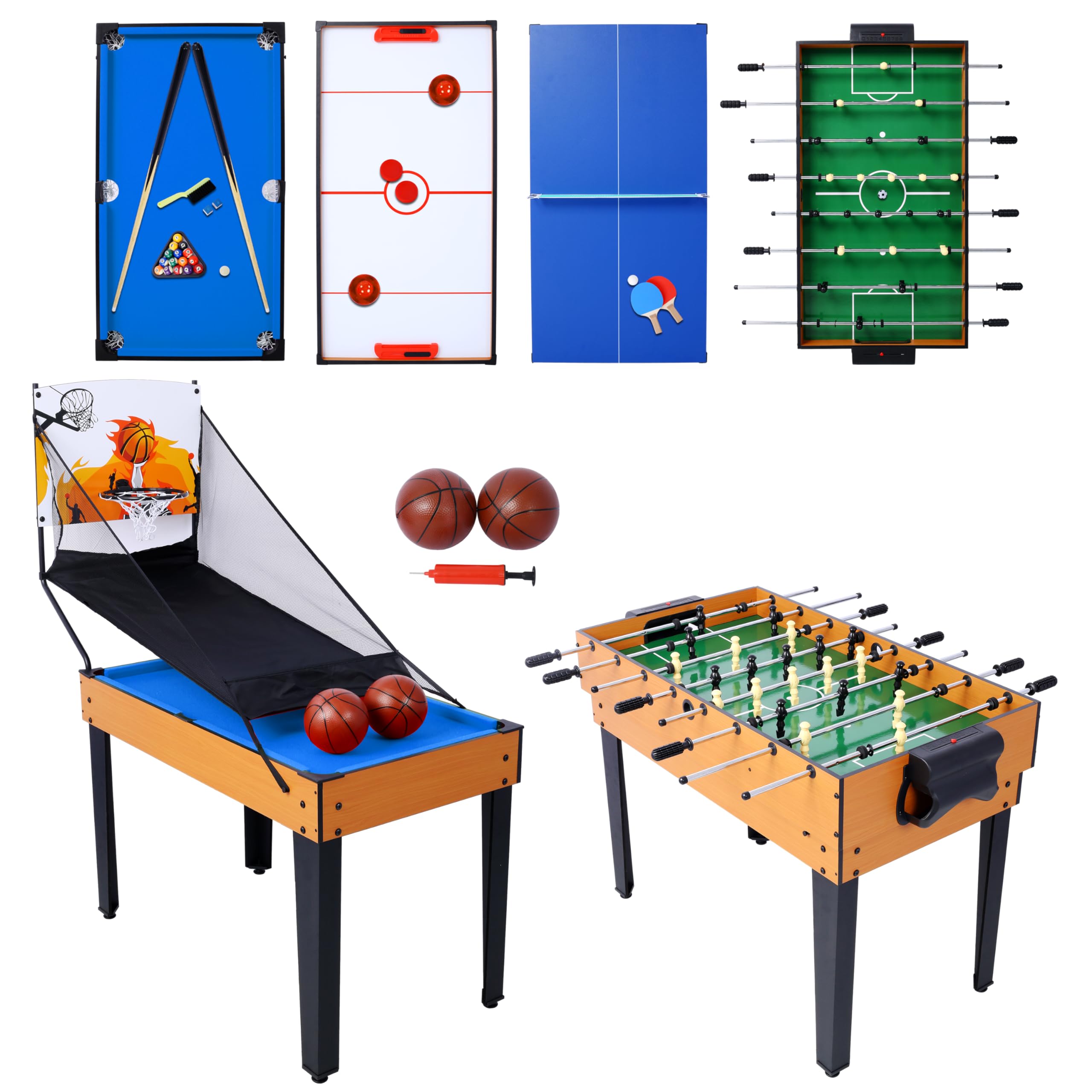 5-in-1 Combo Game Table Set for Home, Game Room, Friends & Family - with Billiards, Push Hockey, Foosball, Ping Pong, and Basketball - Brown + Red